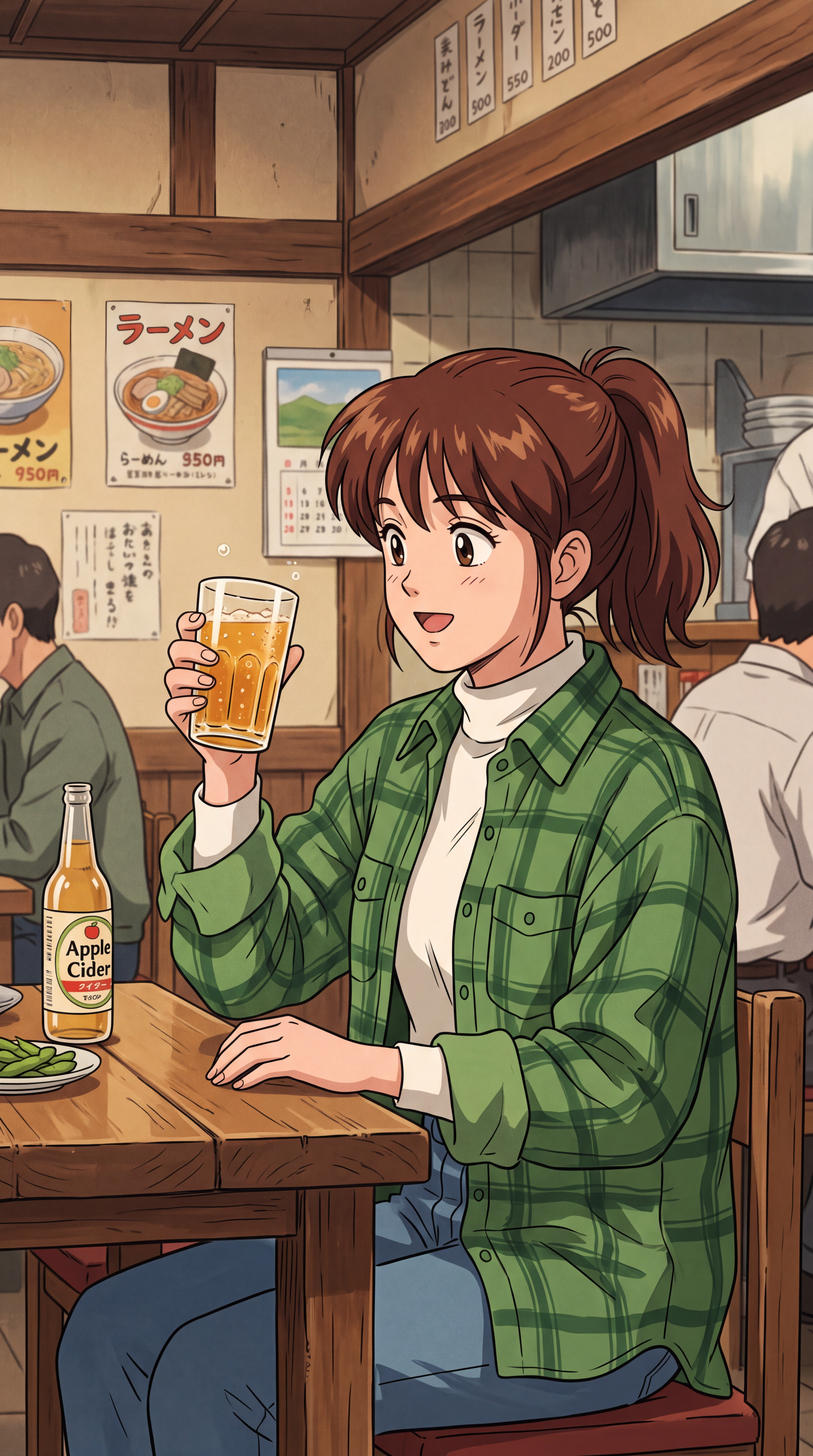 Anime-style iPhone wallpaper of a smiling woman in green plaid enjoying a glass of apple cider at a cozy ramen bar.