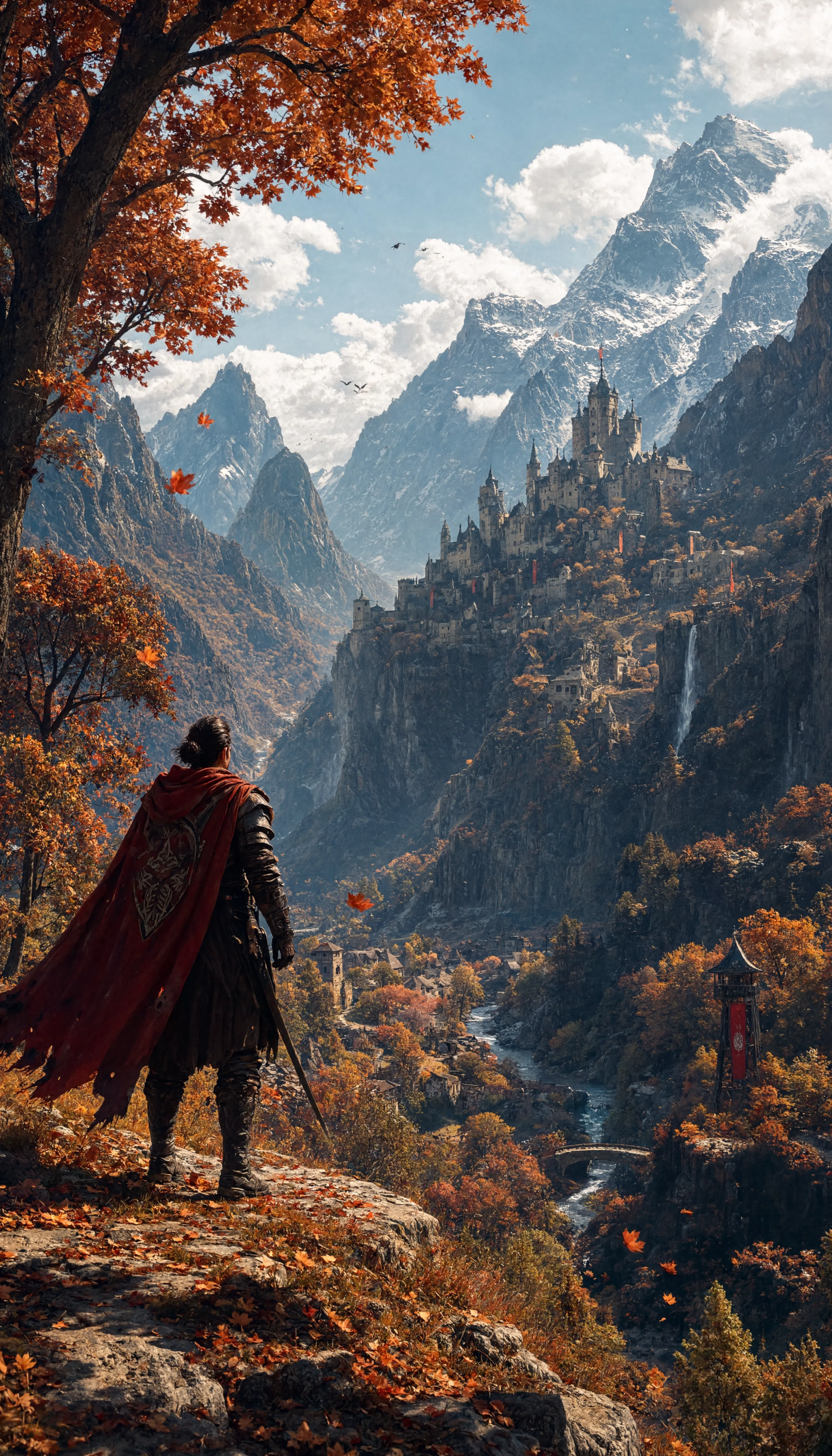 Vertical iPhone wallpaper showing a cloaked traveler on a cliff overlooking a mountain castle amid vivid fall colors and cascading waterfalls.