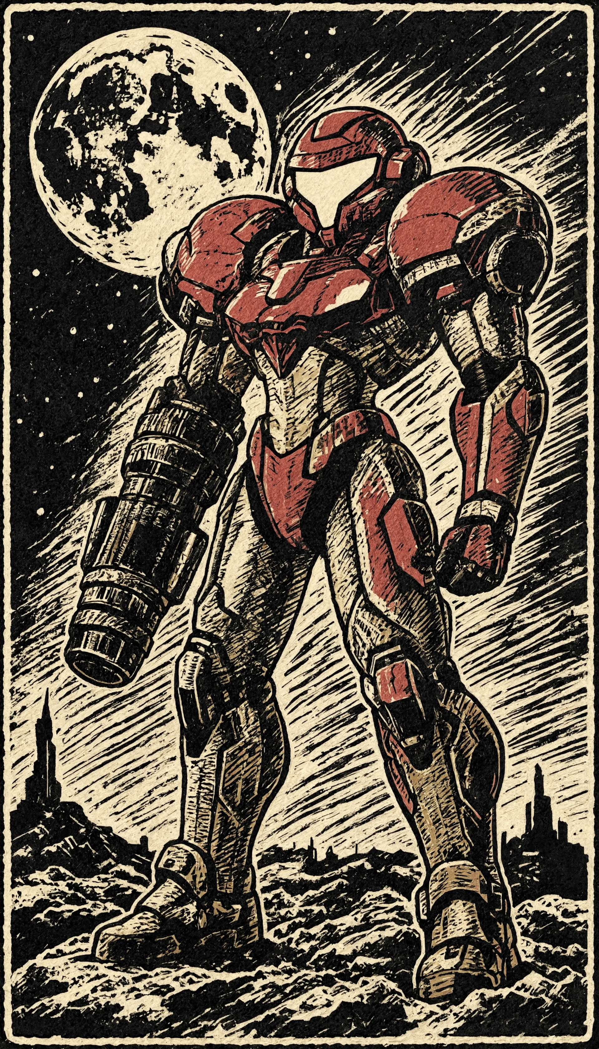 iPhone wallpaper showing Samus Aran in her red Power Suit standing on a rocky lunar surface beneath a full moon, rendered in a vintage etched comic style.