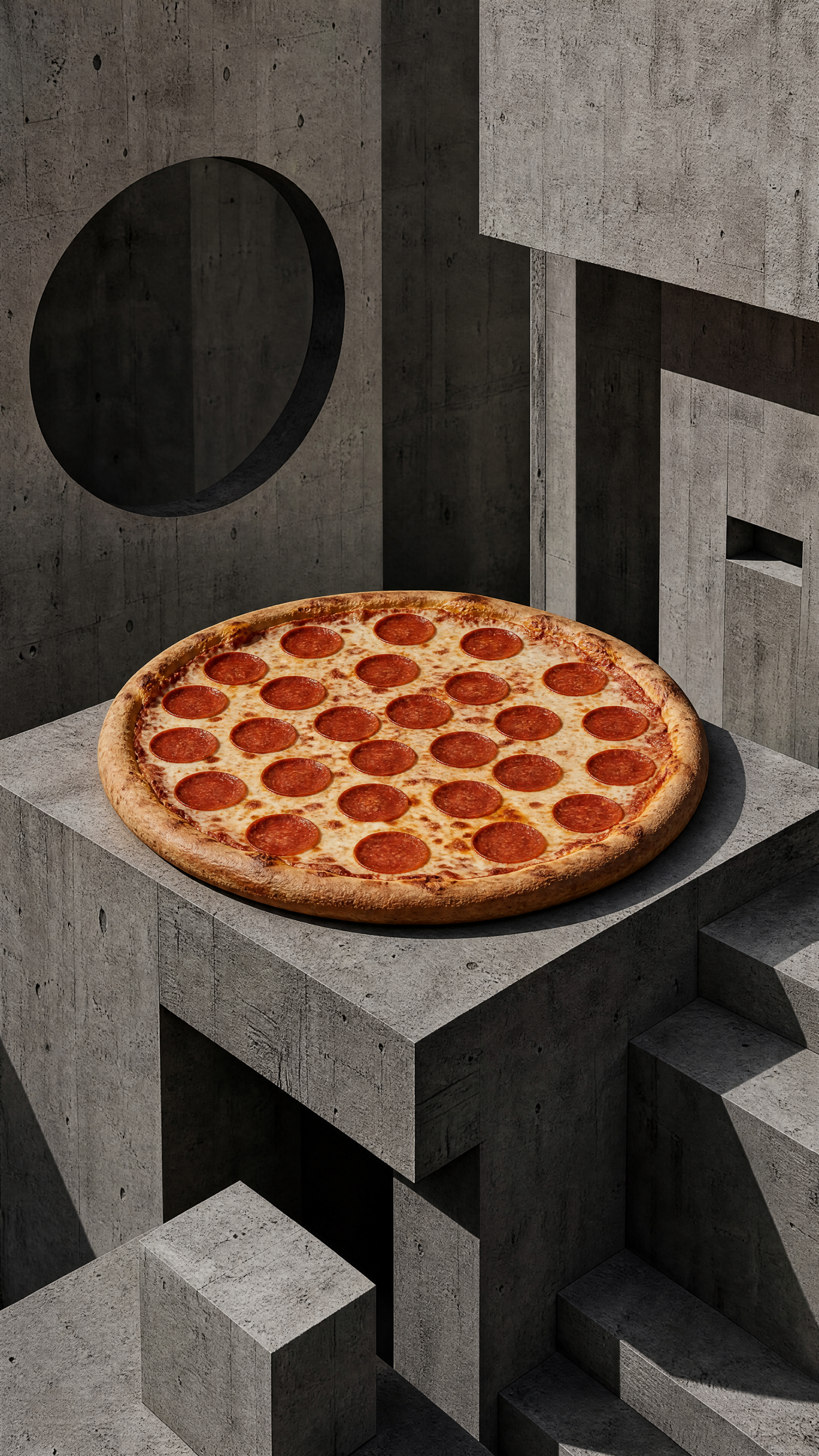iPhone wallpaper: a whole pepperoni pizza centered on geometric concrete blocks in a minimalist, brutalist scene.