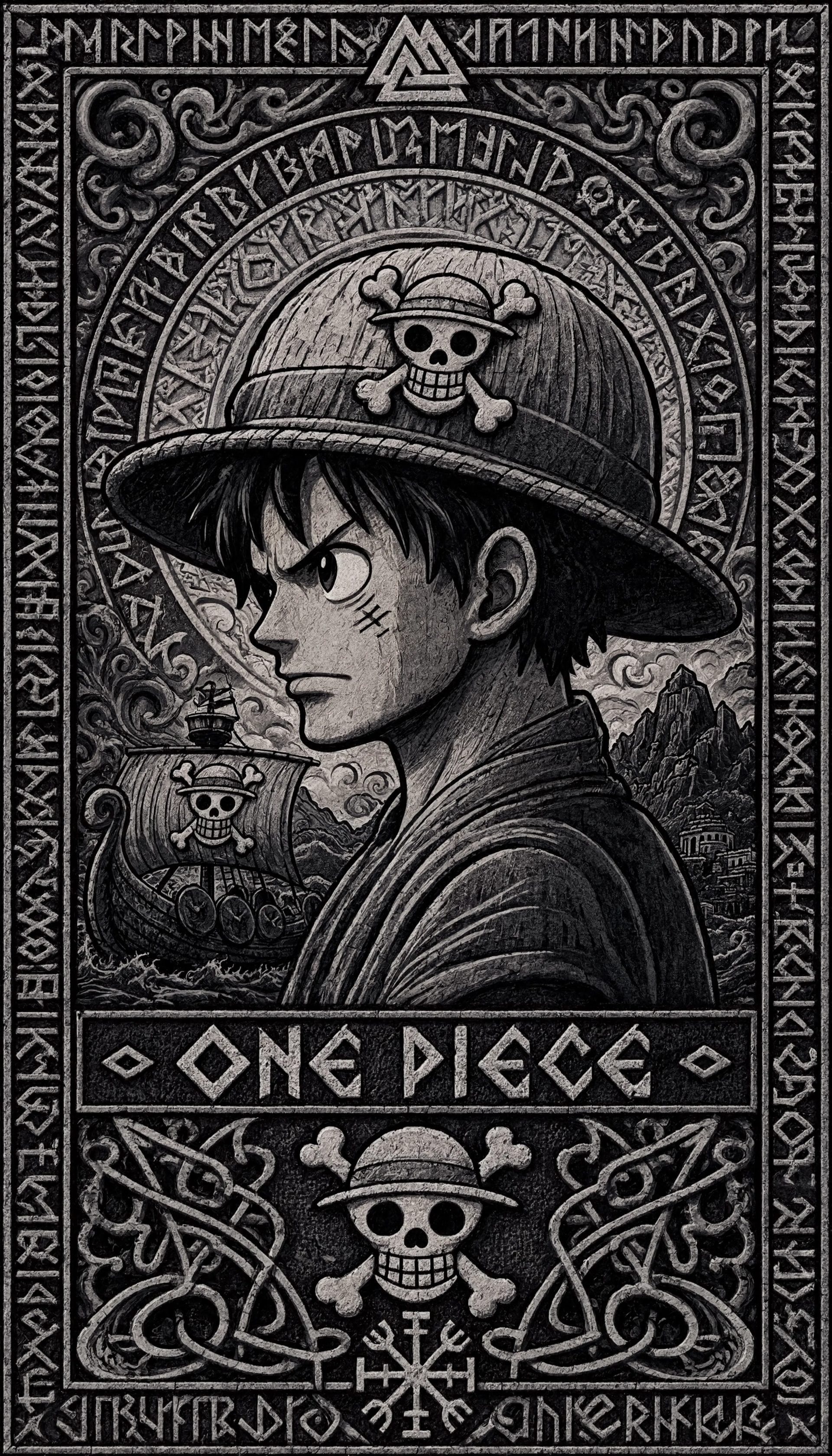 Monochrome carved-stone style iPhone wallpaper of One Piece’s Monkey D. Luffy in profile, straw hat with Jolly Roger, pirate ship and ornate runic border.