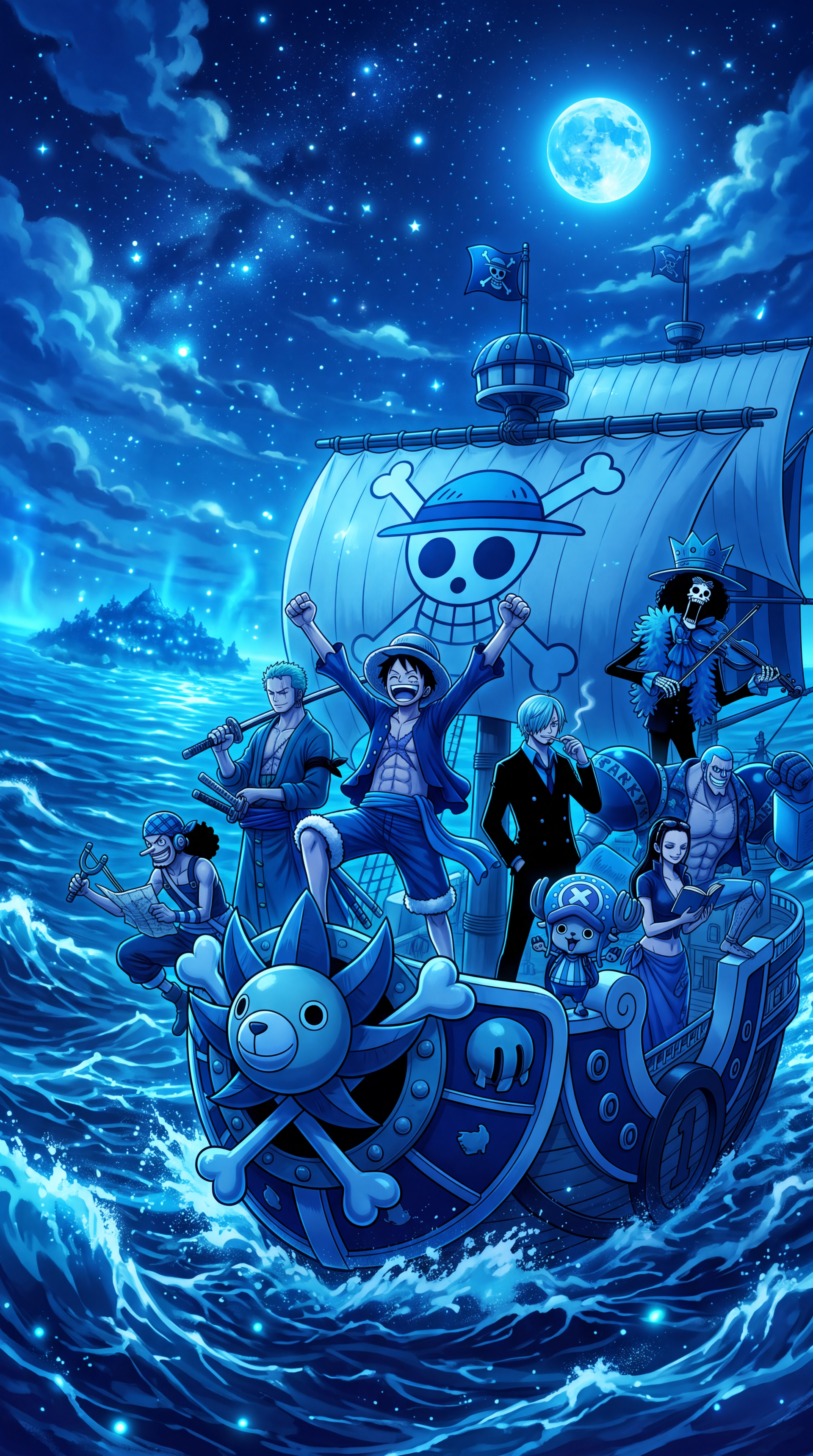 Moonlit blue One Piece iPhone wallpaper: the Straw Hat crew on the Thousand Sunny sailing through starry seas, Luffy cheering at the bow with the Jolly Roger sail behind them.