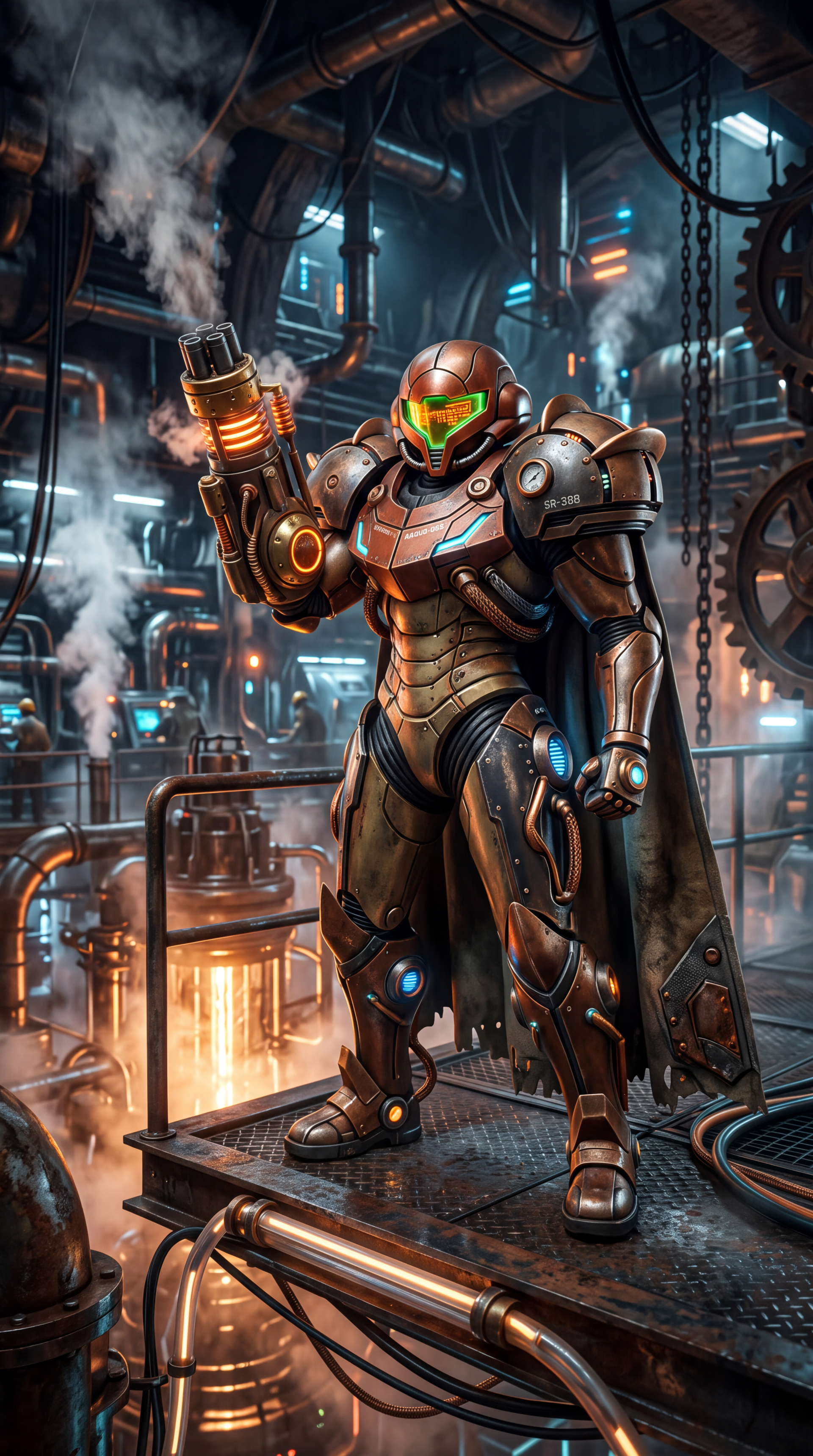 Metroid iPhone wallpaper: Samus Aran in her Power Suit stands on an industrial platform, arm cannon raised amid pipes, steam and glowing reactor lights.