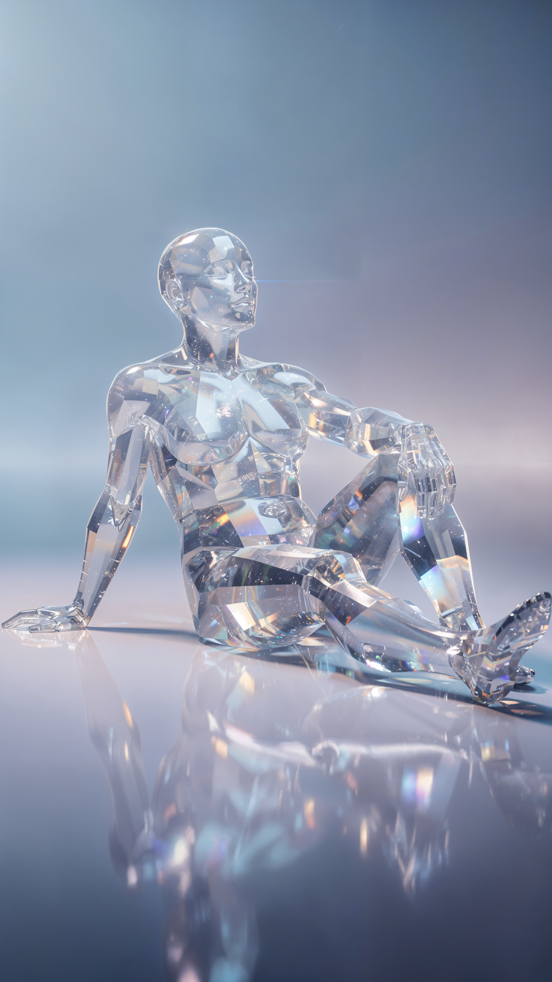 Chill iPhone wallpaper showing a reclining crystal humanoid on a reflective floor, cool blue-gray lighting and soft reflections.