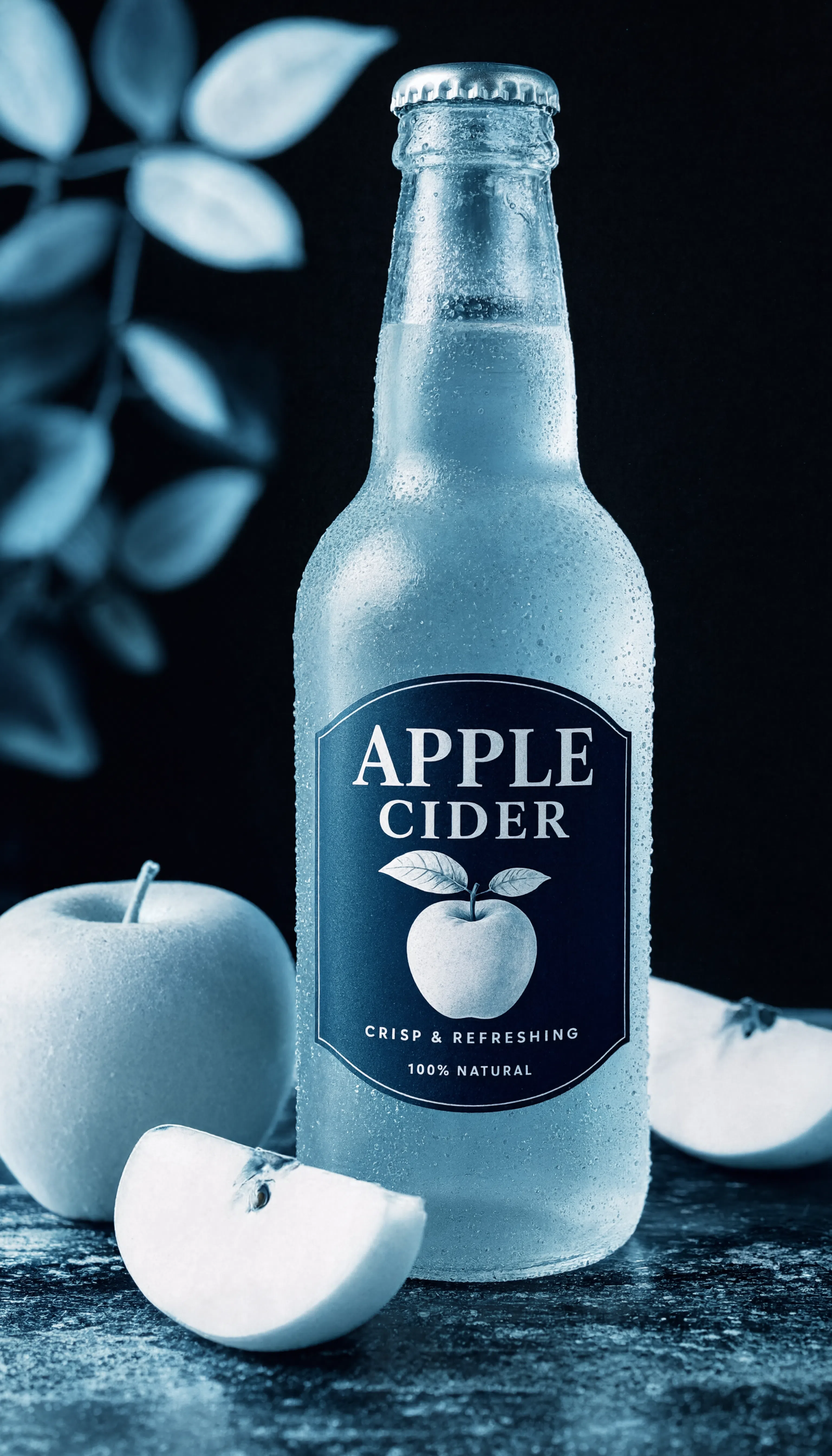 iPhone wallpaper of a chilled bottle of apple cider with condensation, sliced apples and leaves on a dark, textured tabletop background.