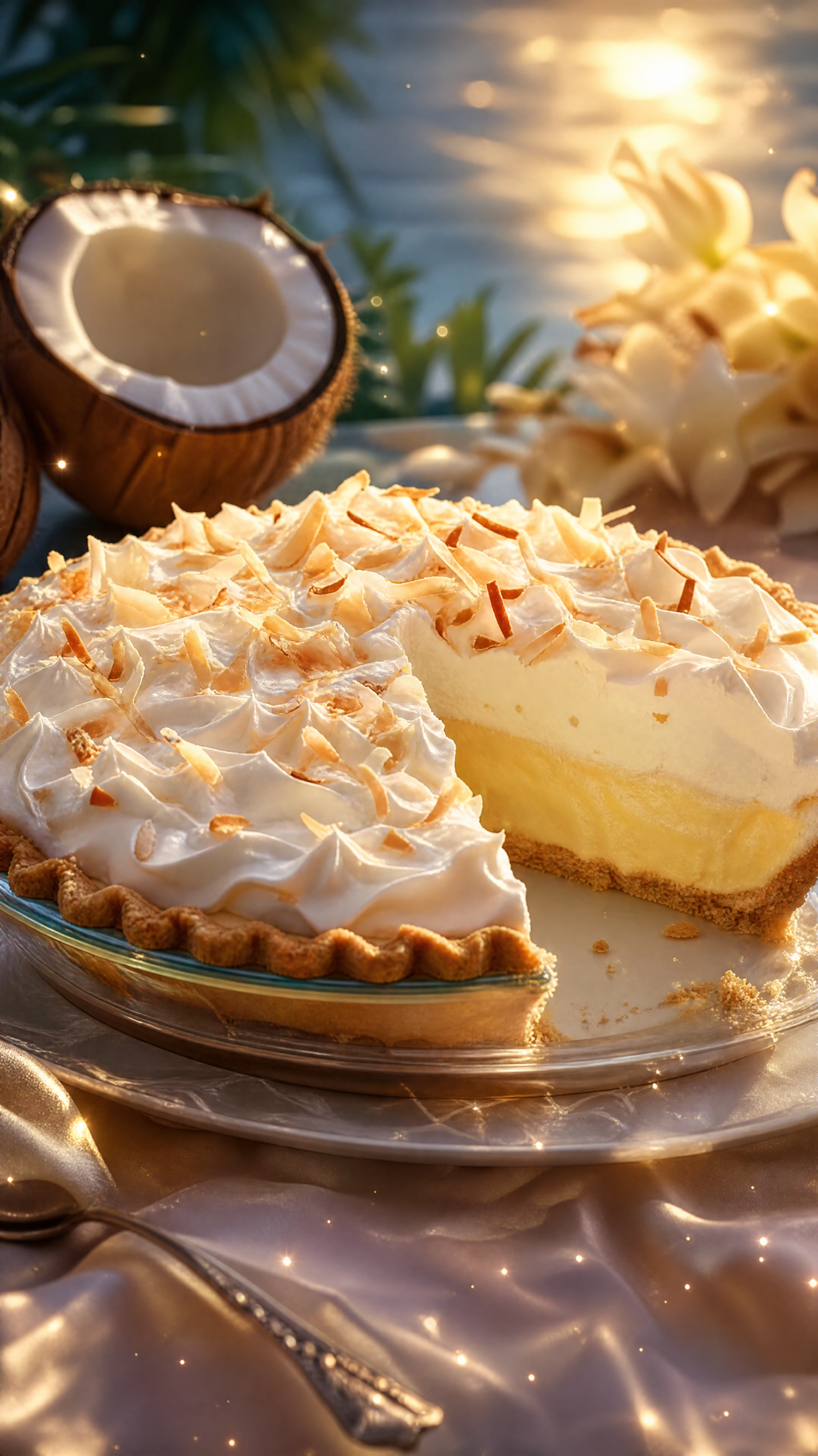 Vertical iPhone wallpaper of a coconut cream pie: a sliced pie with fluffy meringue and toasted coconut flakes, coconut halves and tropical flowers by sunlit water — a tropical dessert.