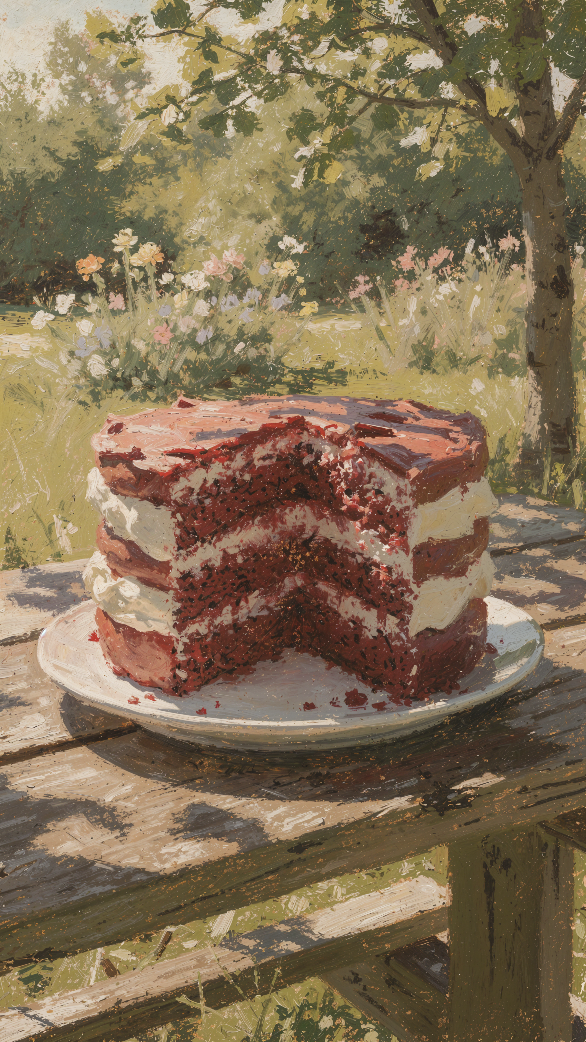 iPhone wallpaper showing a rustic red velvet layer cake dessert with cream-cheese frosting on a plate atop a wooden bench in a sunlit garden.