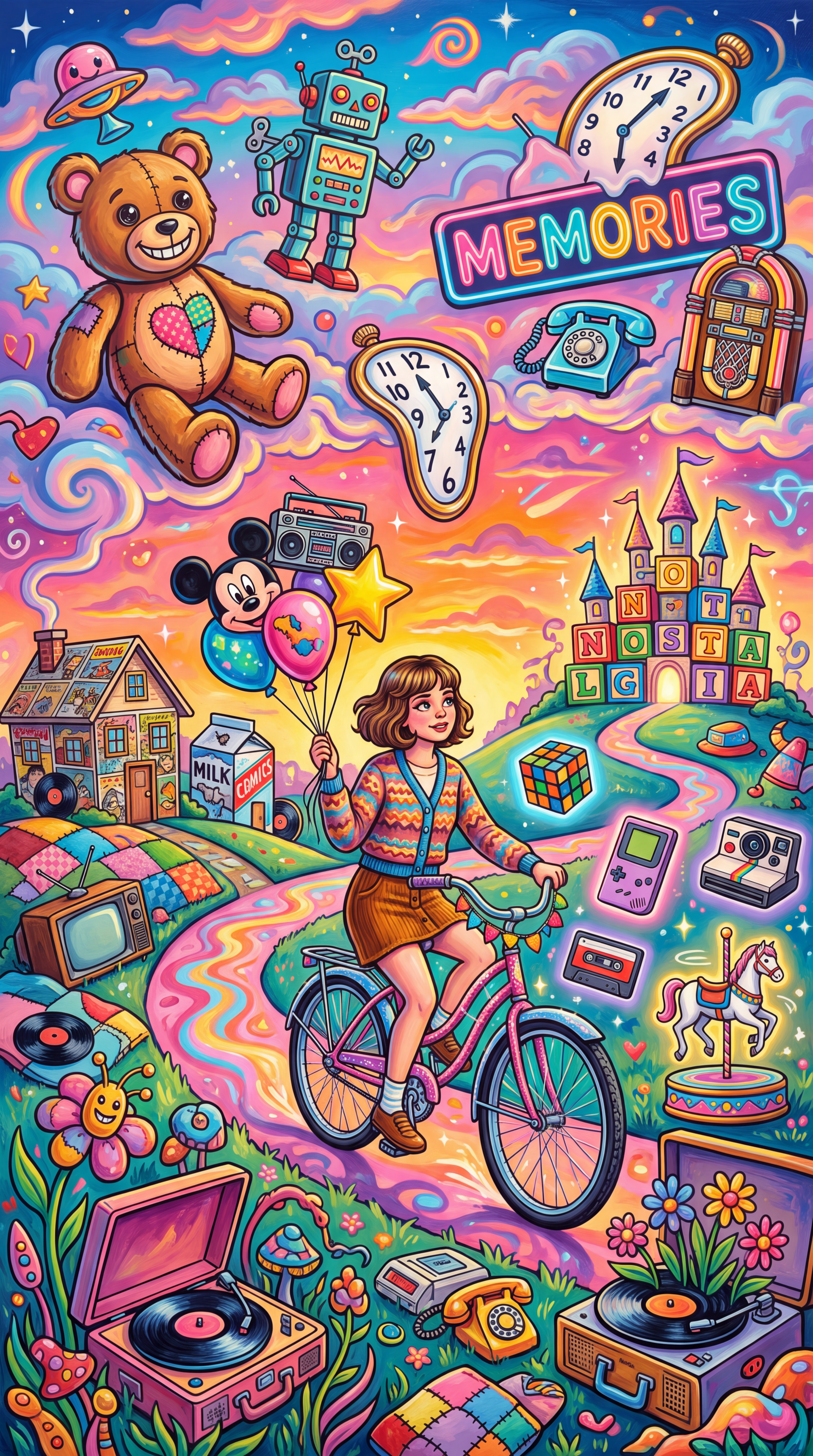 Vibrant iPhone wallpaper of nostalgic memories: a girl on a bicycle rides a rainbow path amid a teddy bear, toys, retro gadgets, melting clocks and a storybook castle.