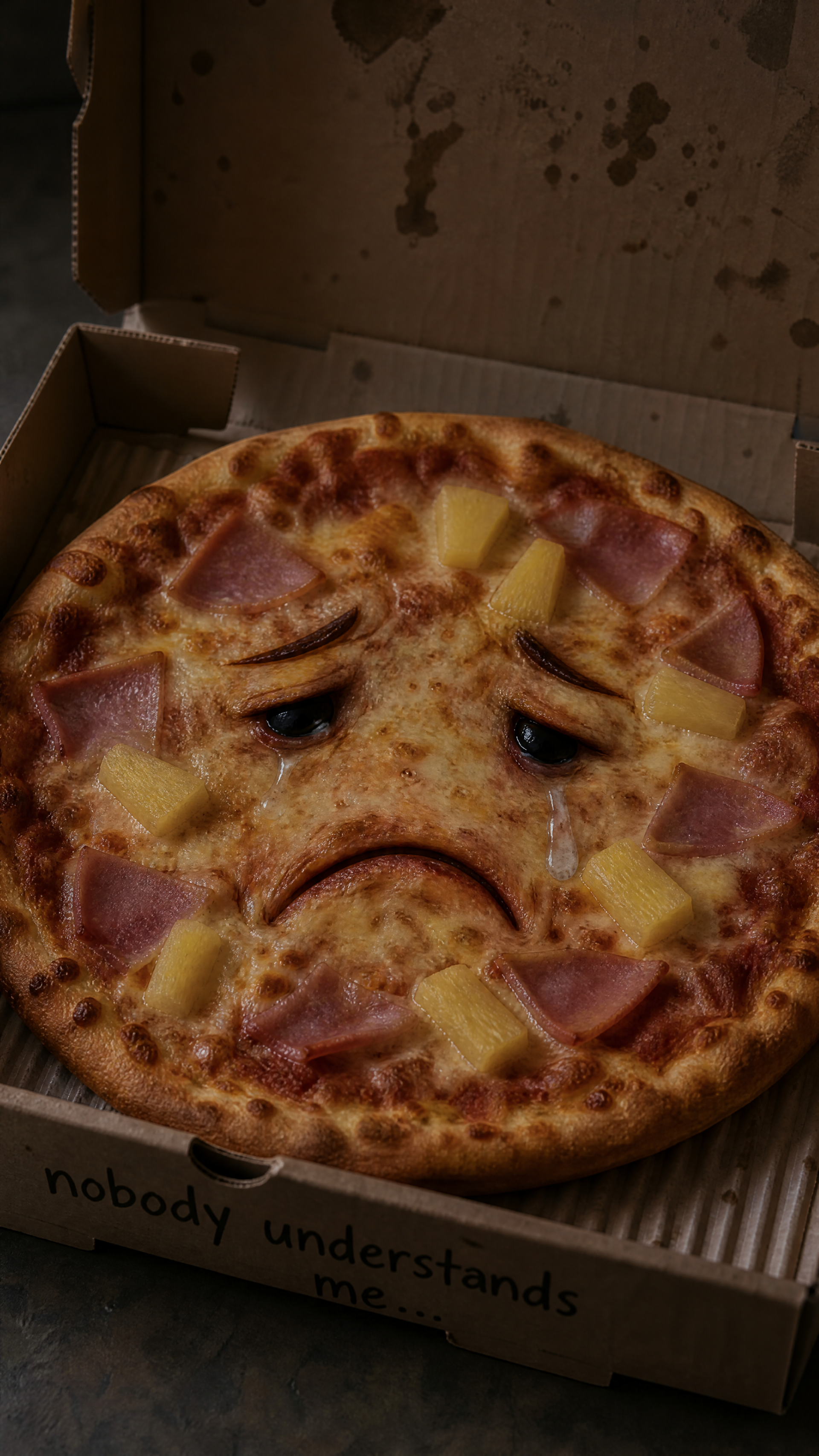 iPhone wallpaper of a Hawaiian pizza in its box with a sad, teary cartoon face, pineapple and ham slices visible, and nobody understands me written on the box.