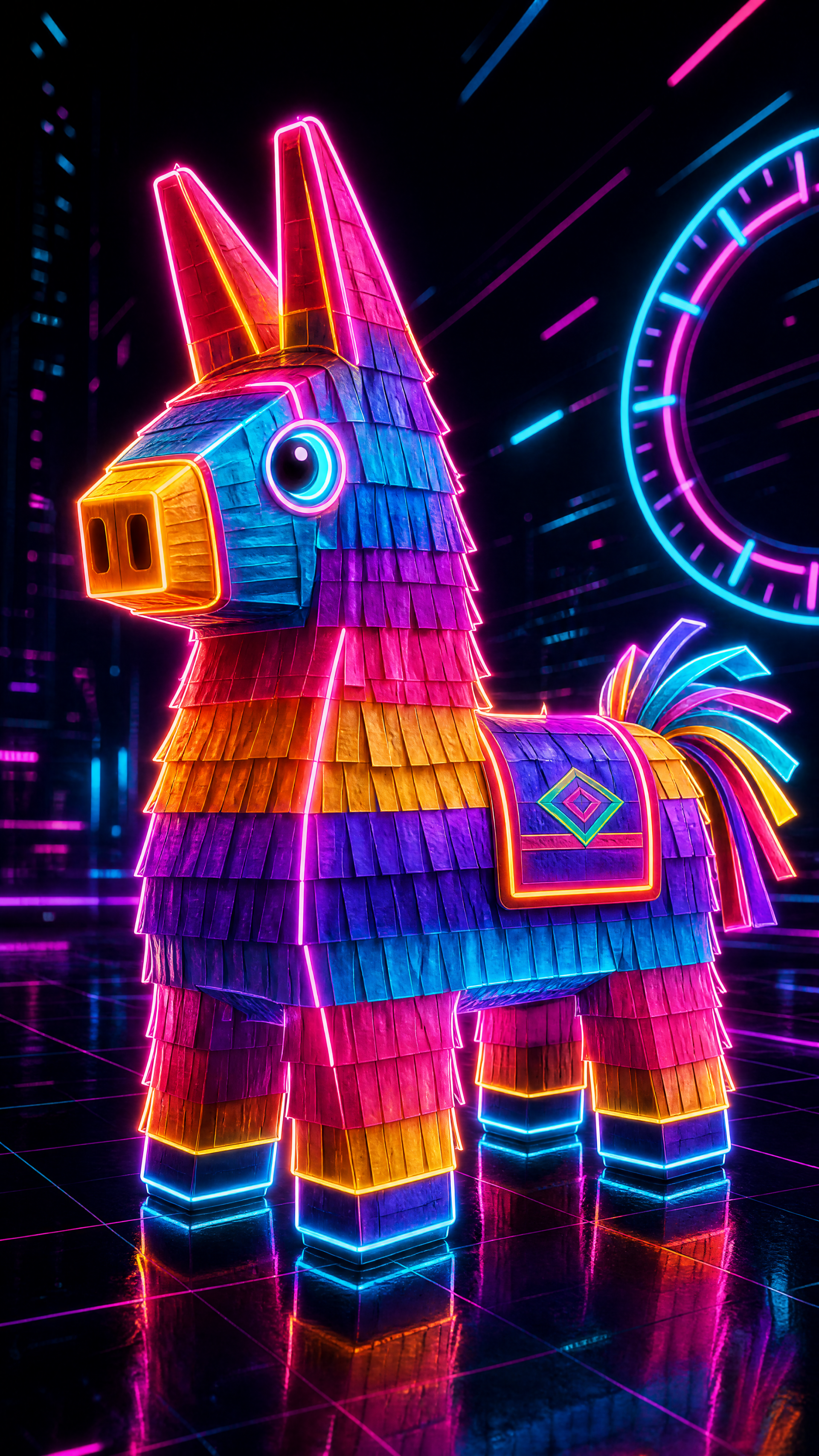 Neon piñata llama glowing in pink, blue, and yellow on a cyber grid background — vibrant iPhone wallpaper.