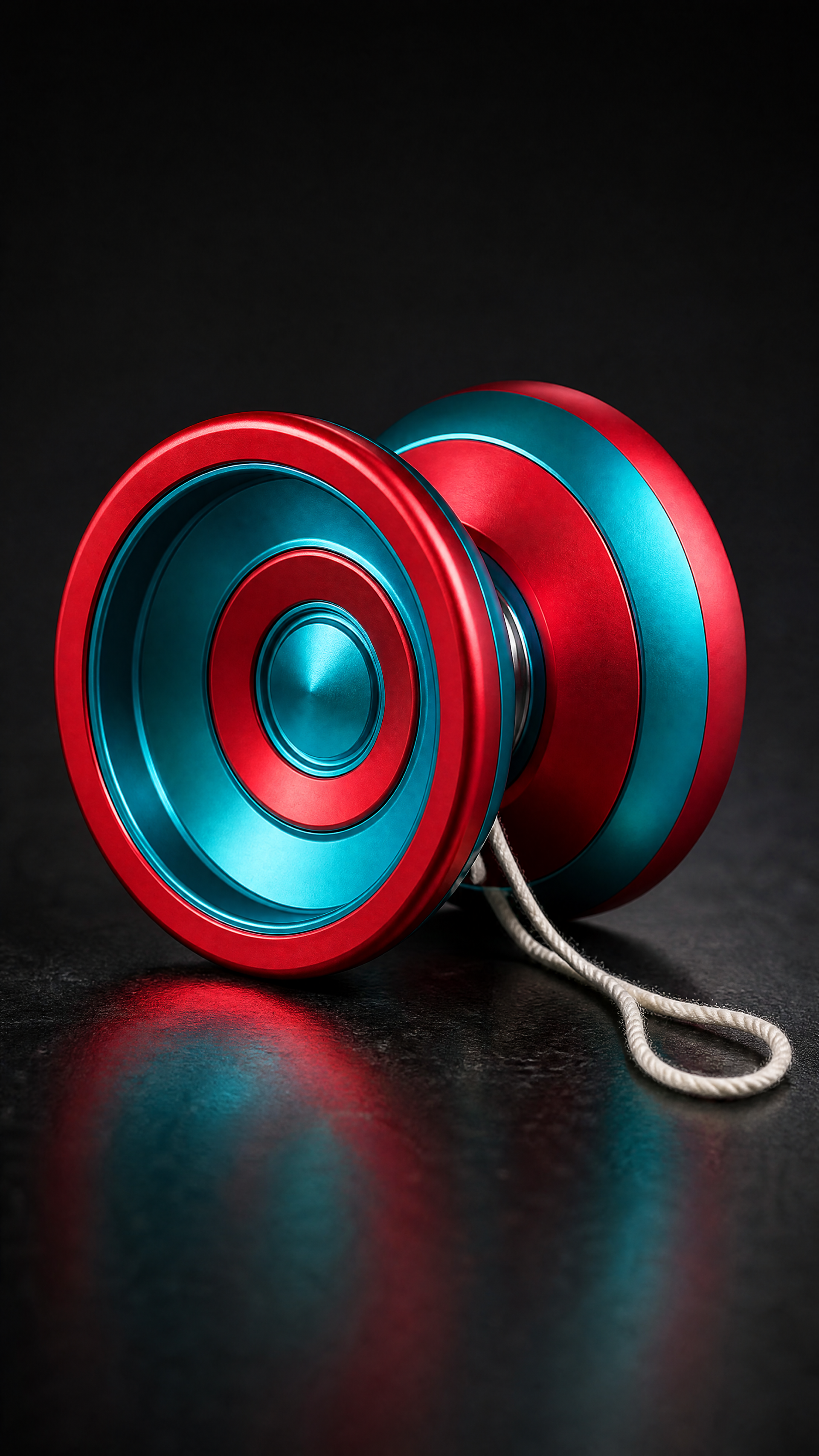 Vertical phone wallpaper: close-up of a metallic red and teal yo-yo toy on a reflective black surface.