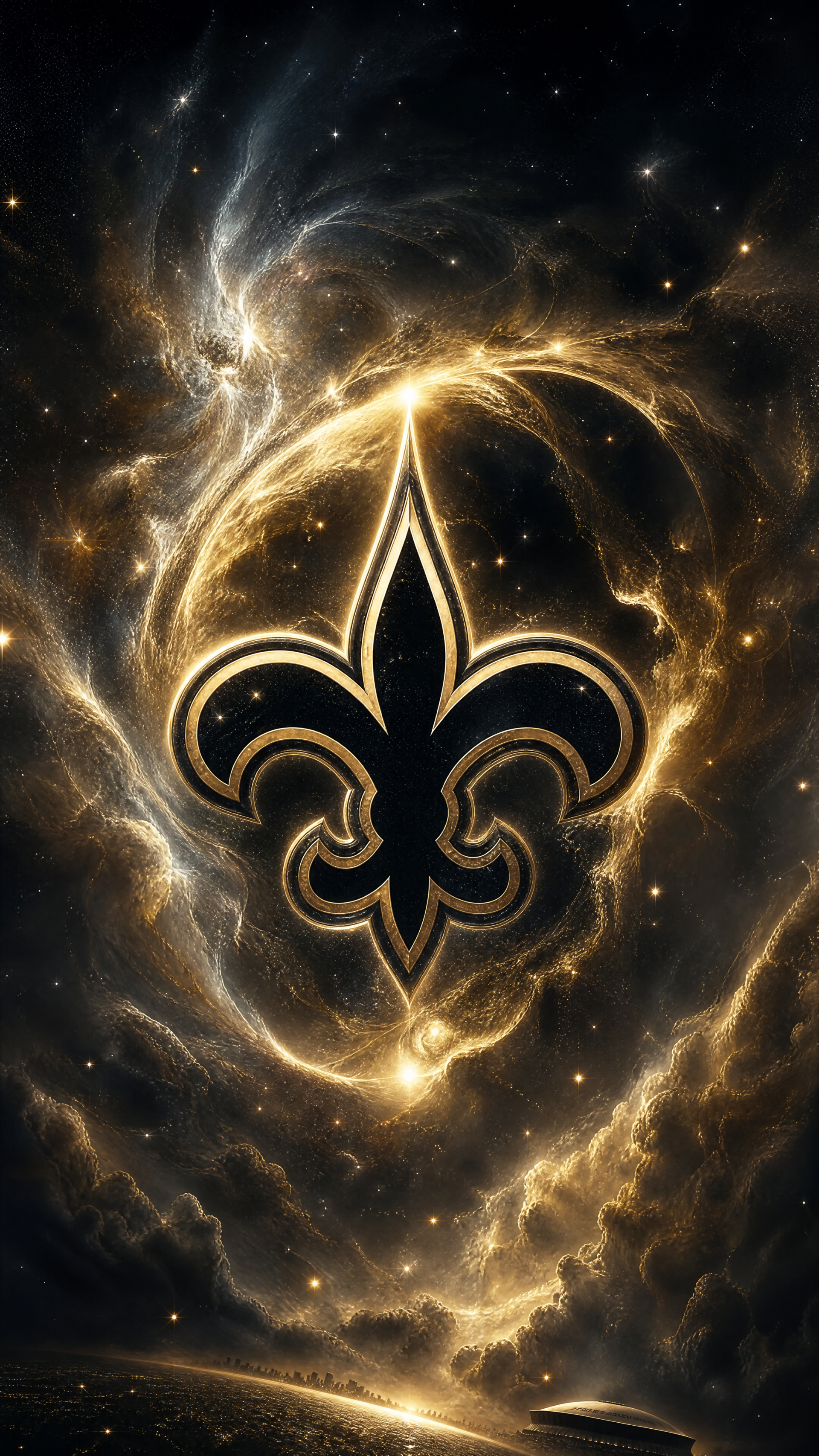 Phone wallpaper with a glowing gold fleur-de-lis symbol of the New Orleans Saints set against a swirling cosmic black-and-gold nebula.