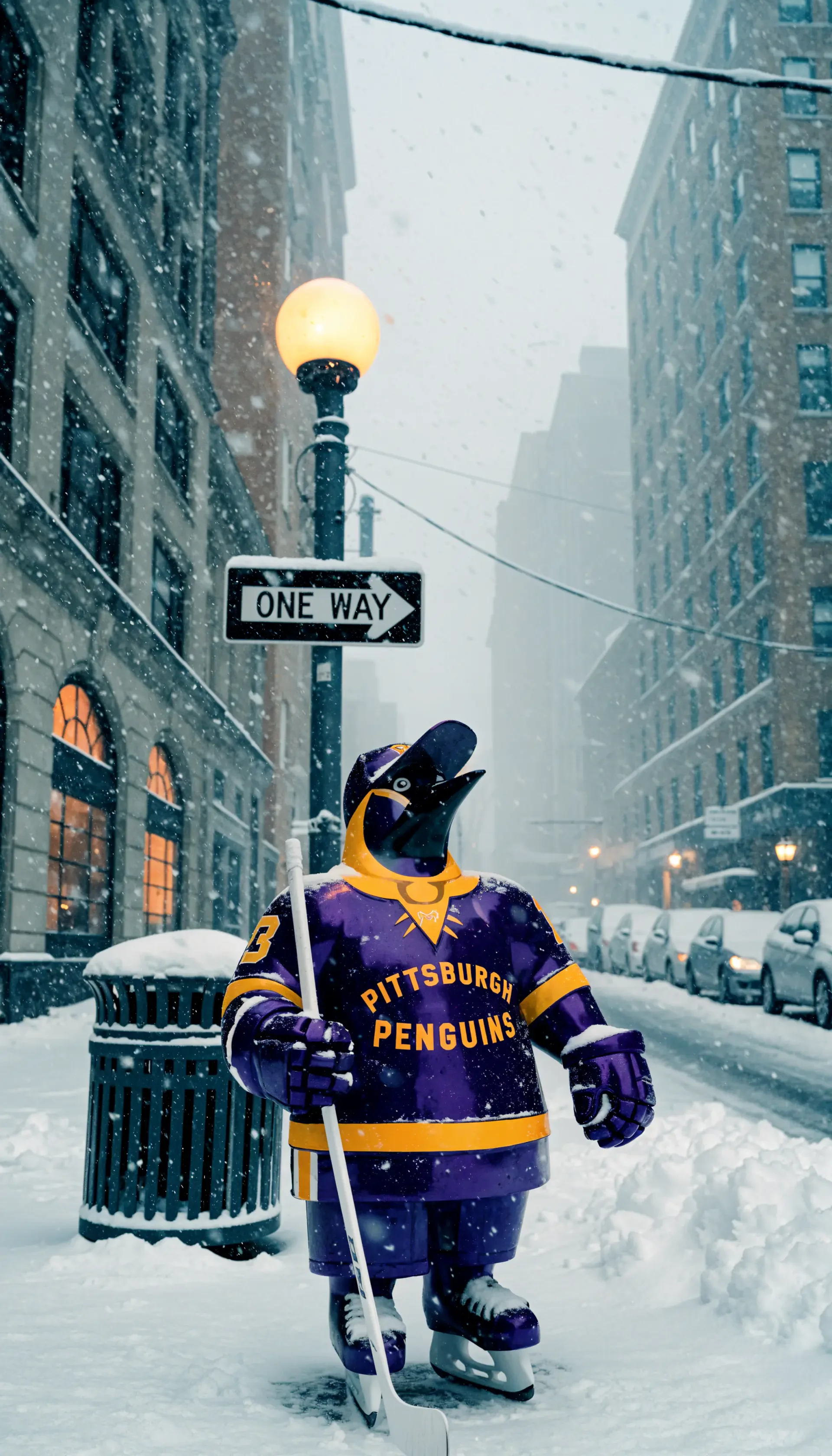 iPhone wallpaper: a hockey penguin mascot in a Pittsburgh Penguins jersey skates on a snowy city street beneath a One Way sign.