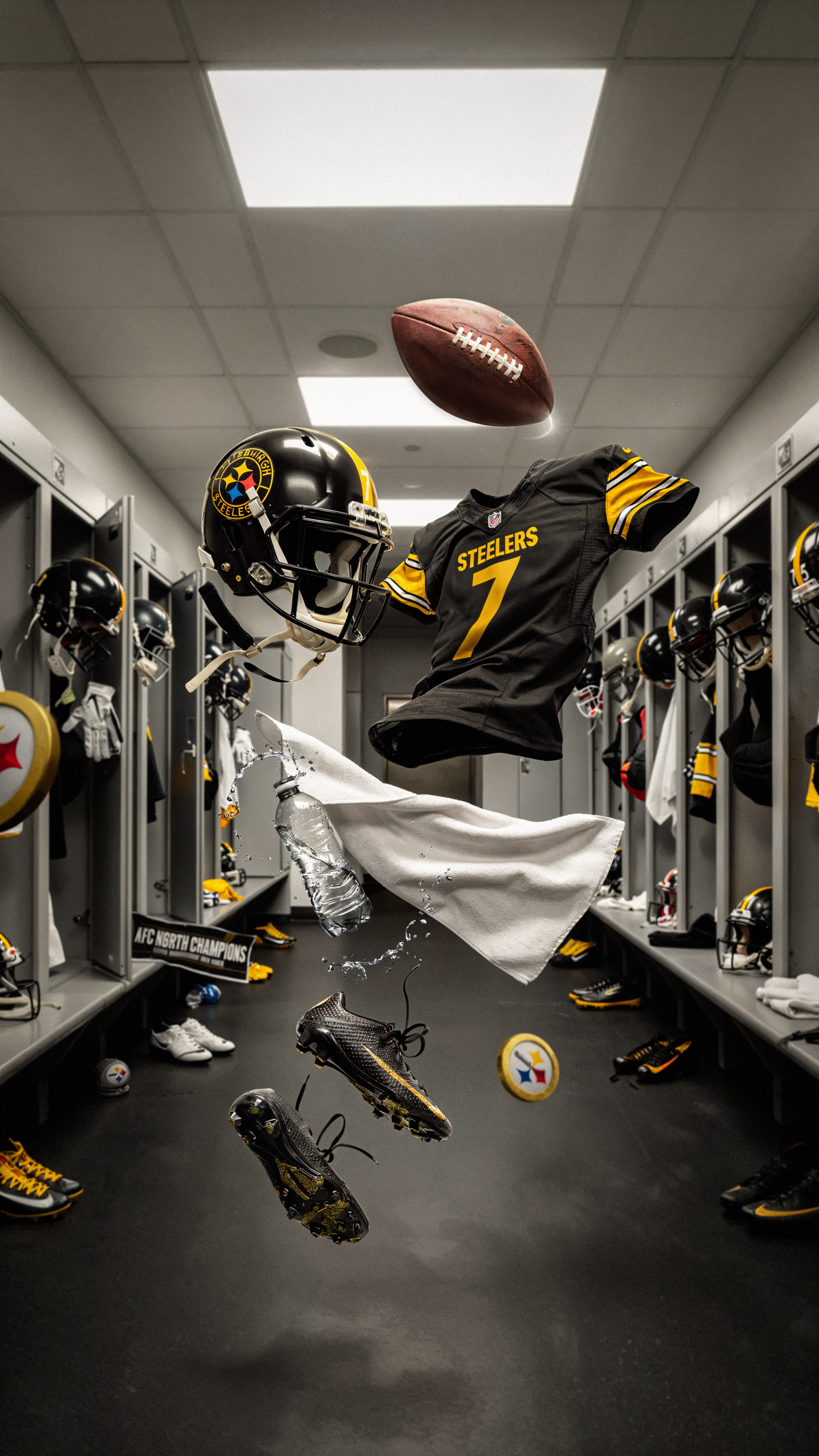 iPhone wallpaper: Pittsburgh Steelers locker room scene with floating helmet, No.7 jersey, cleats and a football.