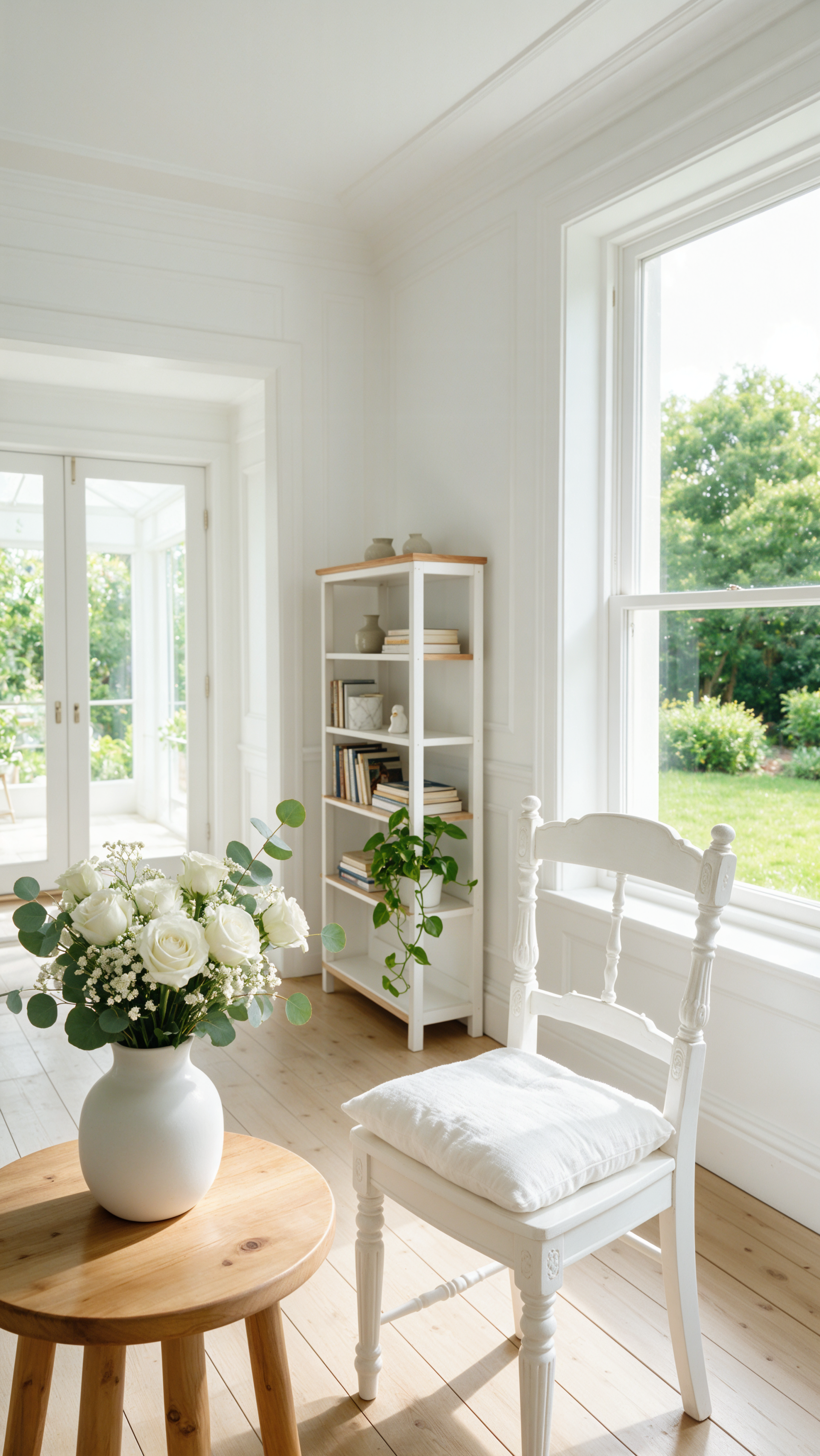 iPhone wallpaper: bright white interior featuring a white wooden chair by a sunlit window, a round table with a vase of white flowers, and a small bookshelf with plants.