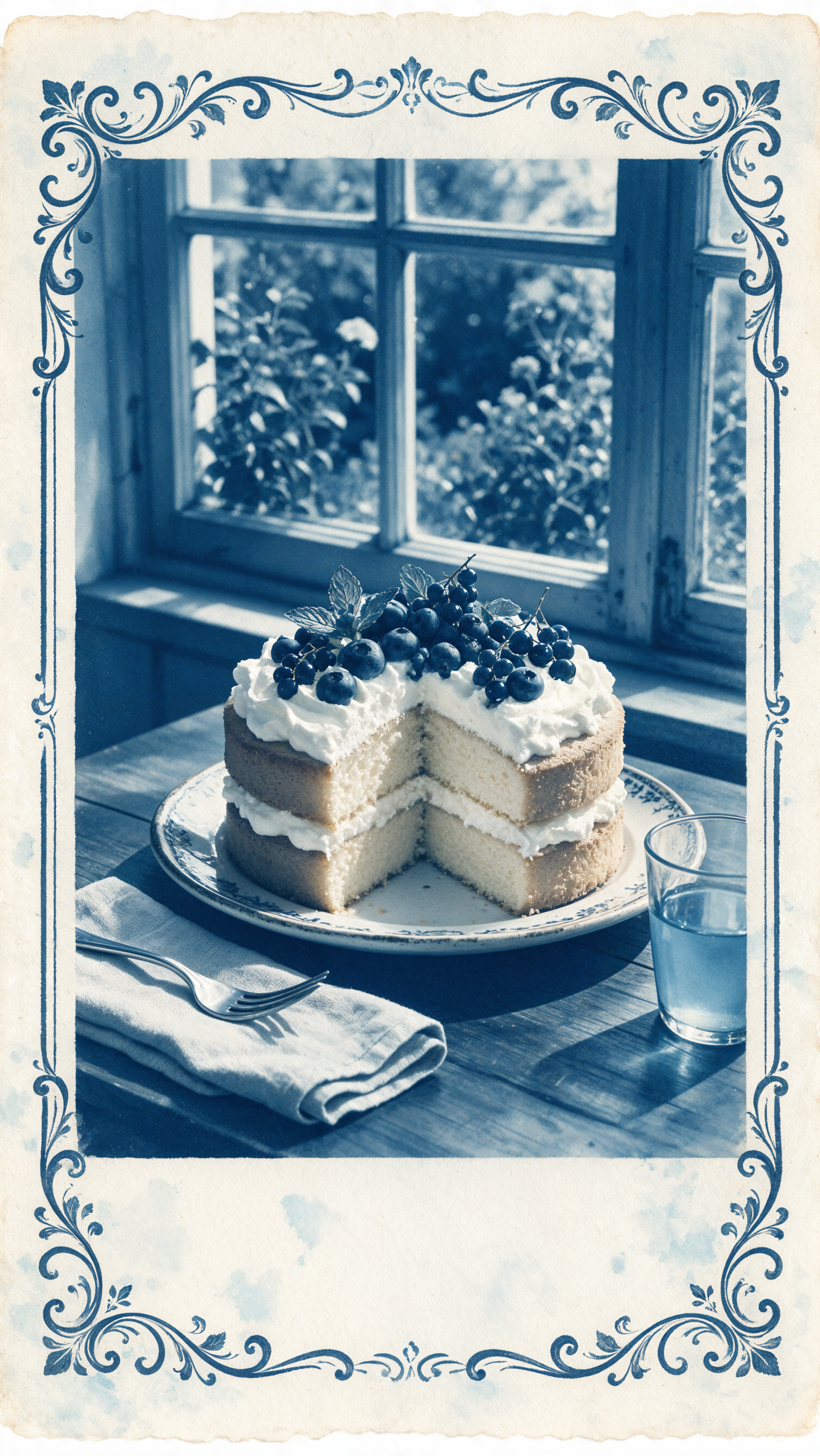 iPhone wallpaper of a two-layer vanilla cake dessert topped with whipped cream and fresh blueberries, presented on a plate by a sunlit window.