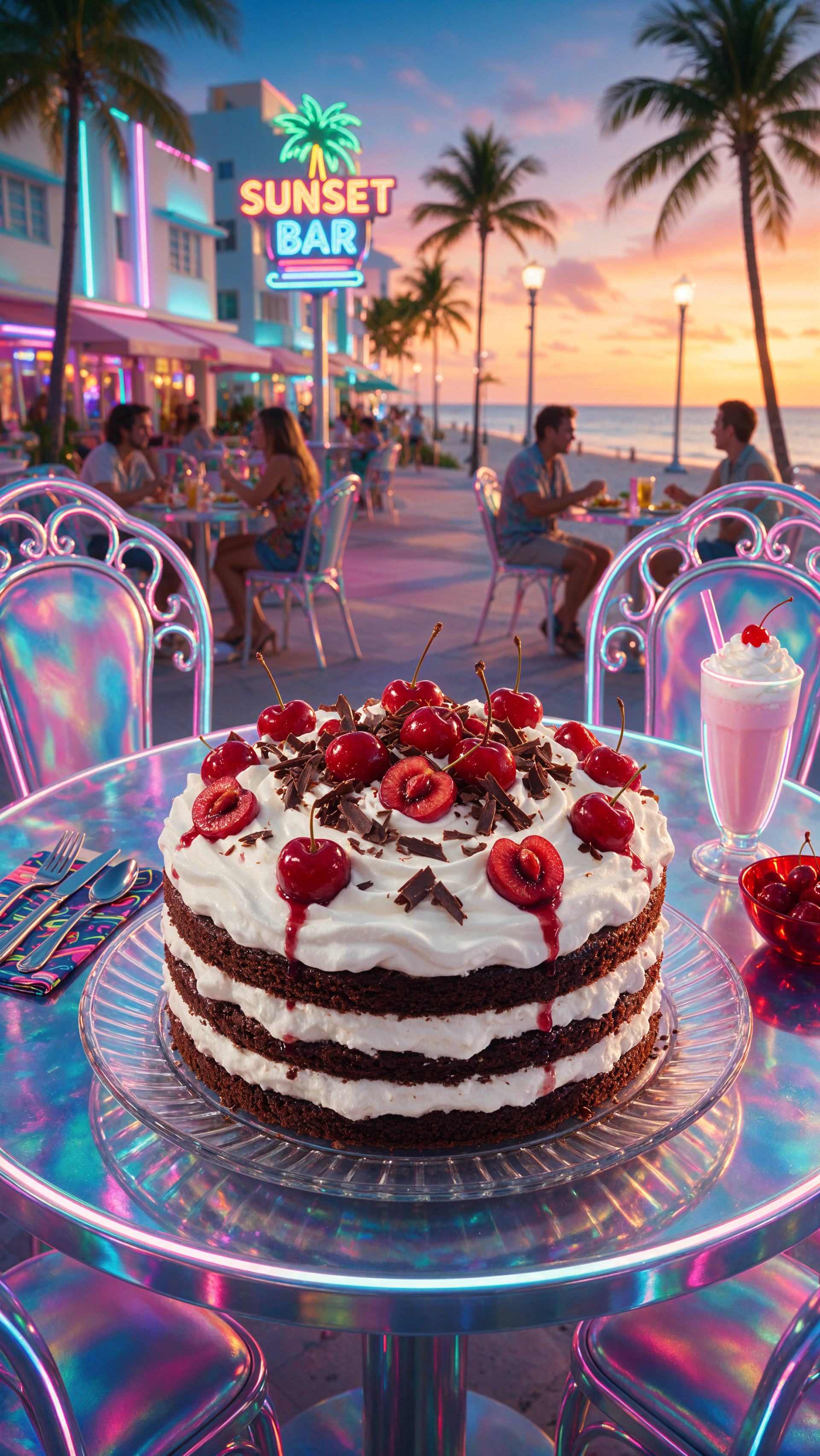 iPhone wallpaper: Black Forest cake (cake, dessert) on a glass table with cherries and chocolate shavings, milkshake beside it; neon Sunset Bar, palm trees and diners at sunset.