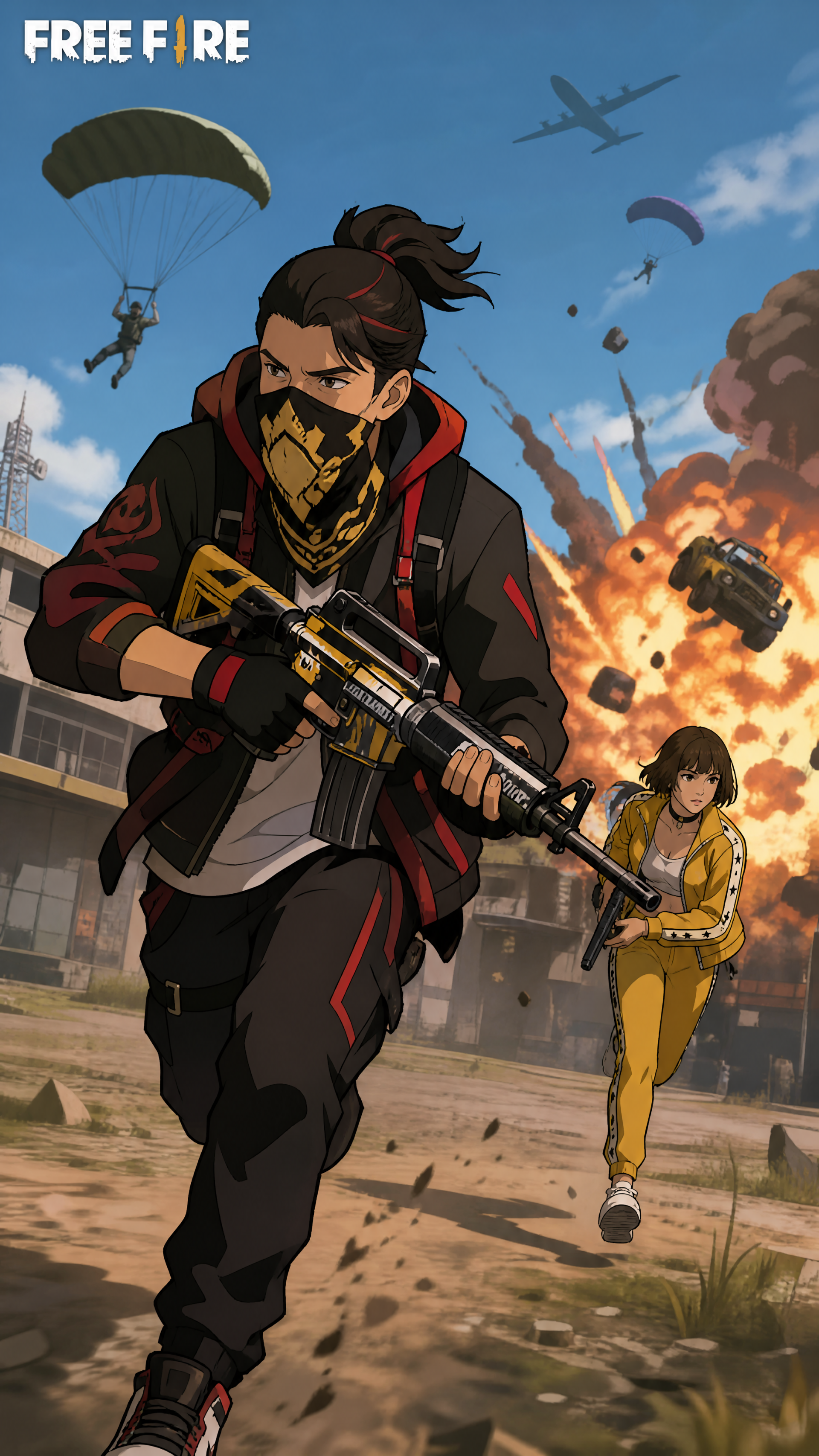 Garena Free Fire video game phone wallpaper: armed shooter sprinting with an assault rifle as teammates parachute in and explosions erupt behind.