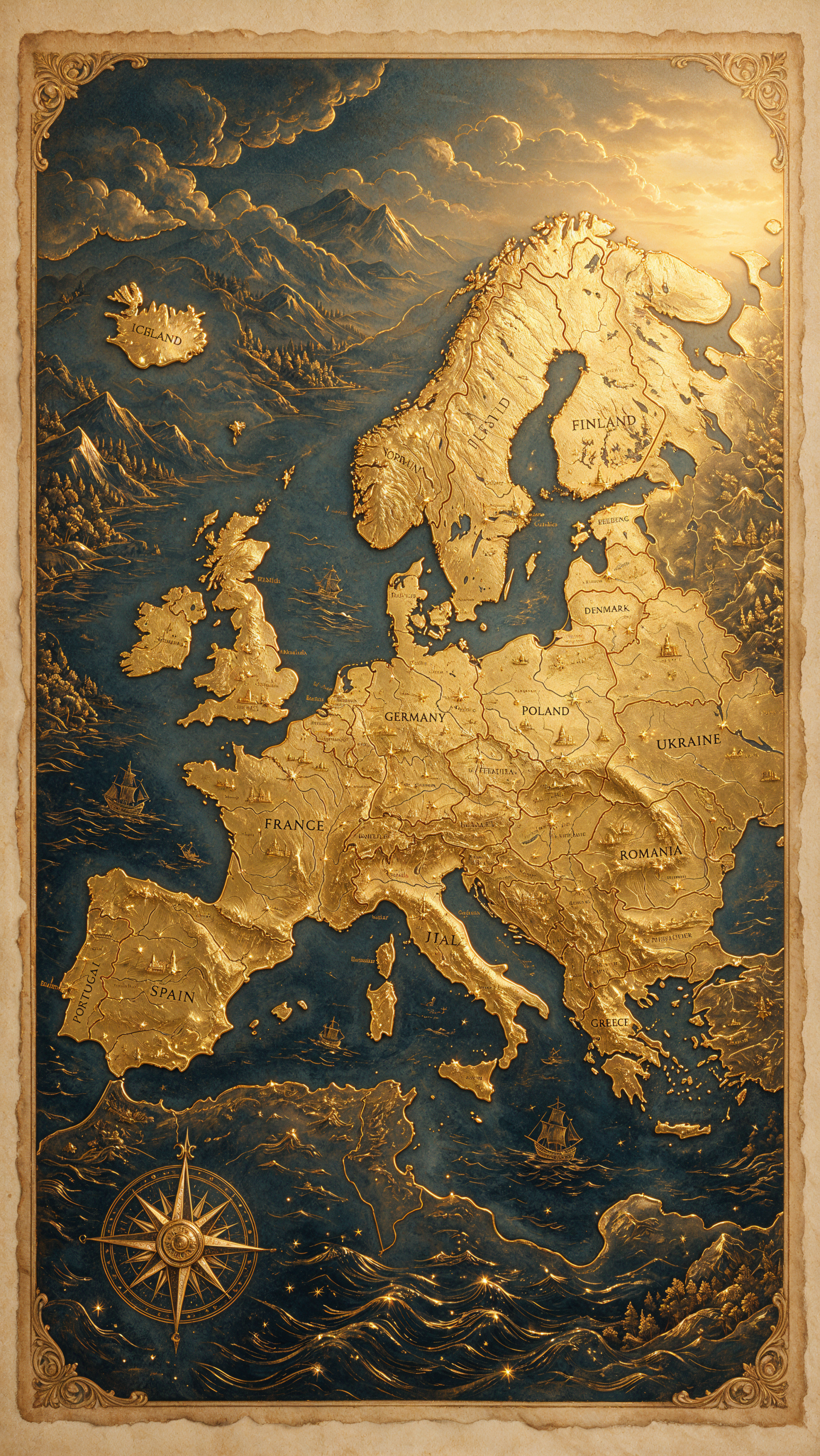 Vertical iPhone wallpaper depicting an ornate gold-relief Europe map on deep blue seas, with labeled countries and a decorative compass rose.