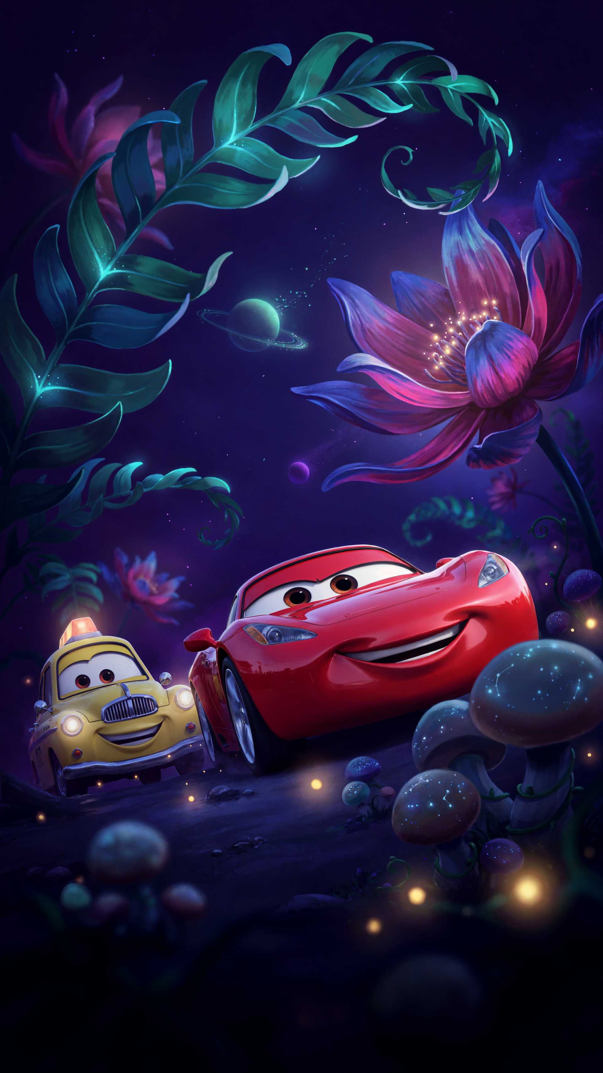 Cartoon iPhone wallpaper of Cars (Pixar): smiling red race car and cheerful yellow tow truck amid glowing mushrooms and giant neon flowers beneath a starry purple sky.