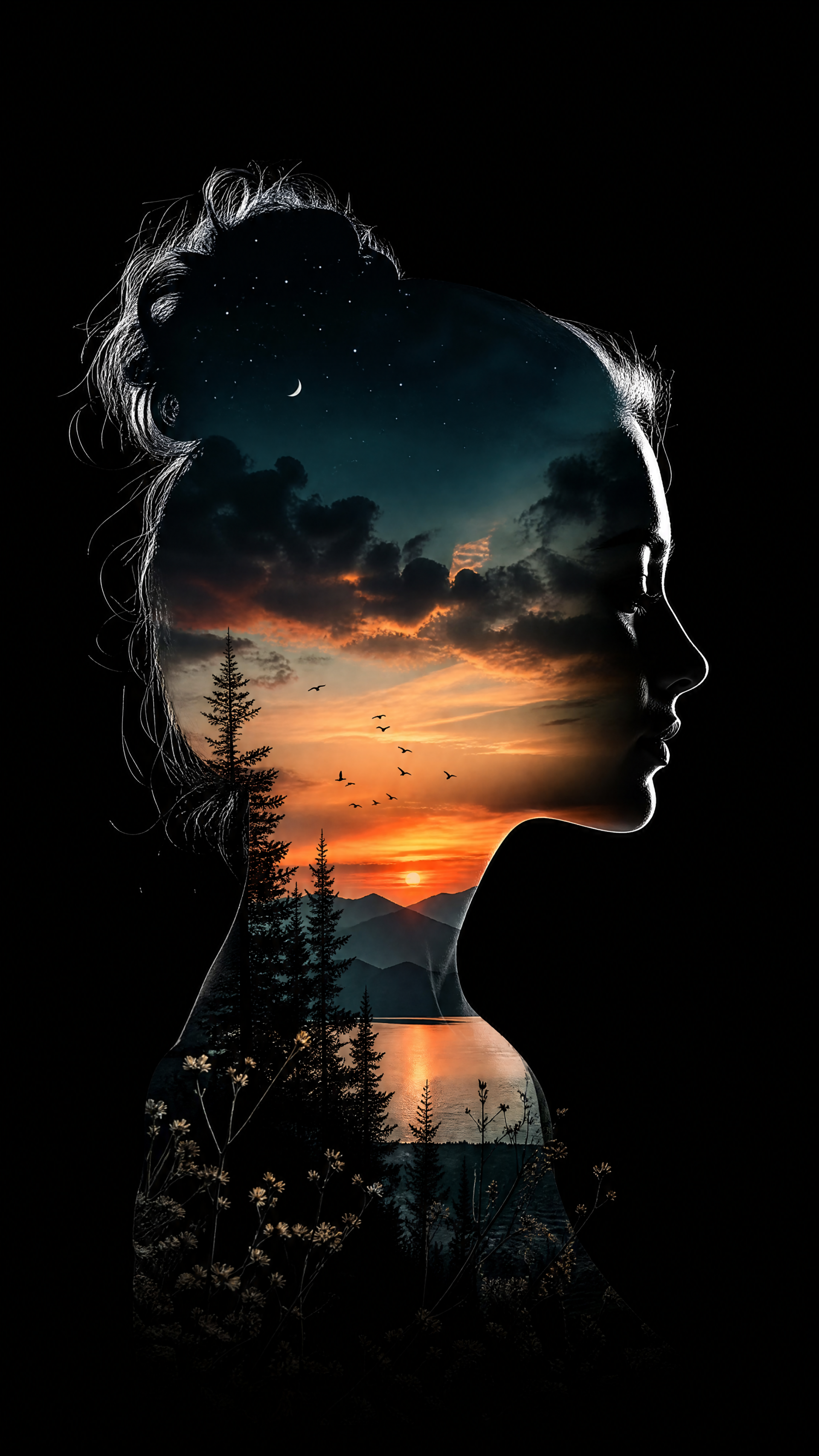 AMOLED iPhone wallpaper: black silhouette profile of a woman filled with a sunset lakeside landscape—pine trees, flying birds and a crescent moon blending into night sky.