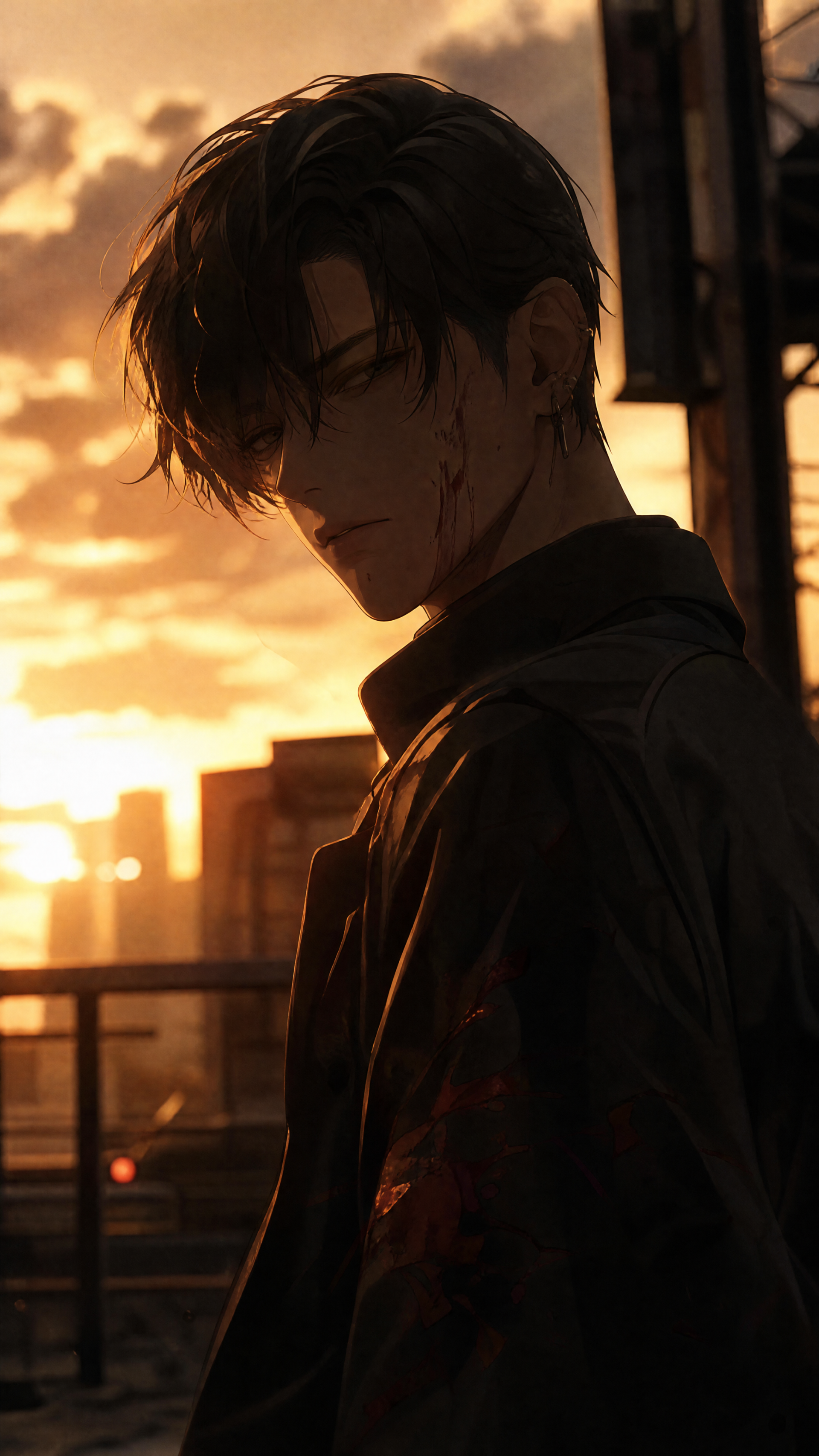 Moody anime-style young man on a rooftop at sunset, face half-shadowed with streaks of blood; vertical iPhone wallpaper bathed in warm golden light over a city skyline.