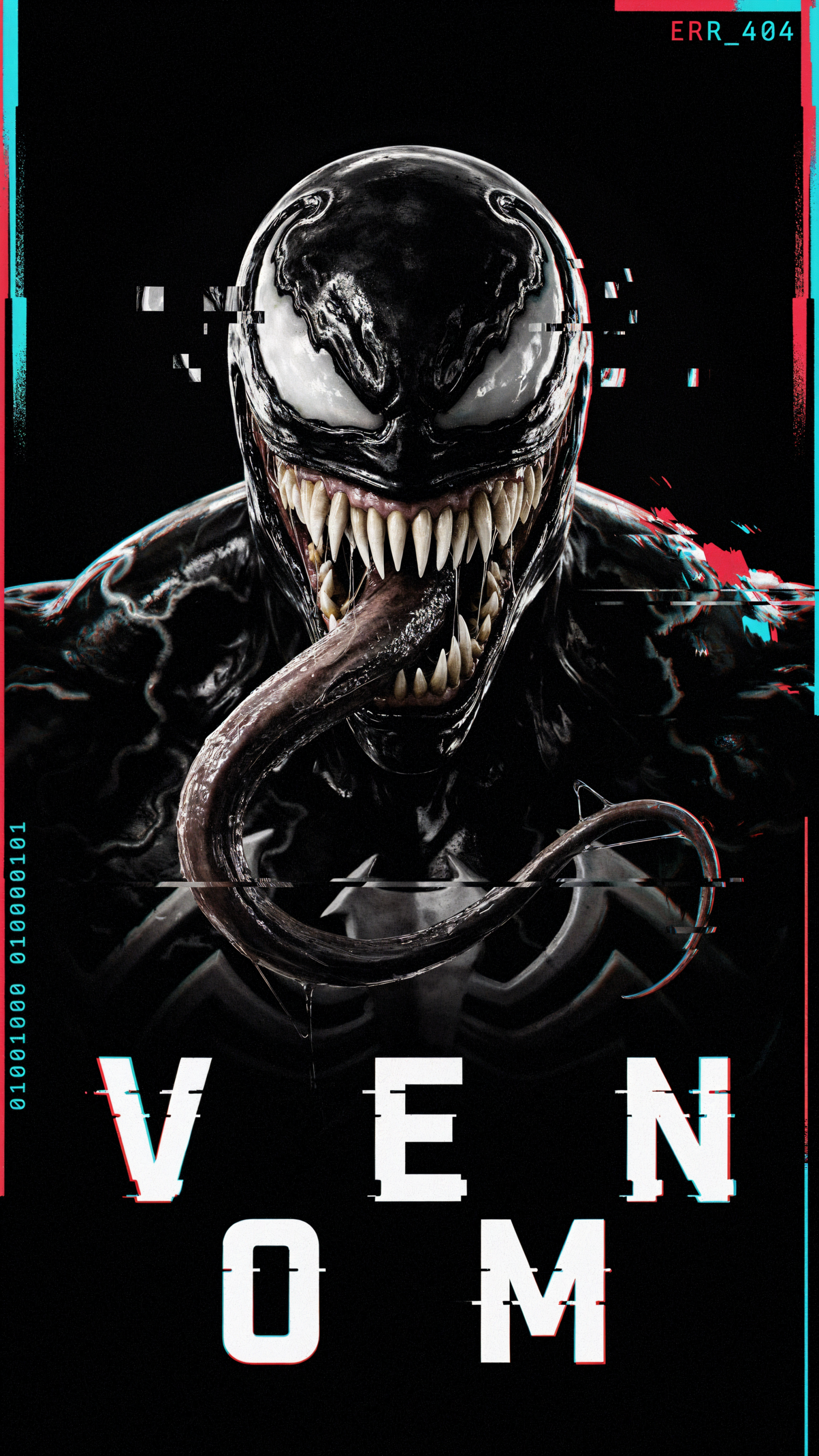 iPhone wallpaper of Venom — a monstrous black alien superhero snarling with rows of razor teeth and a long tongue, glitchy cyber distortions and the bold VENOM title at the bottom.