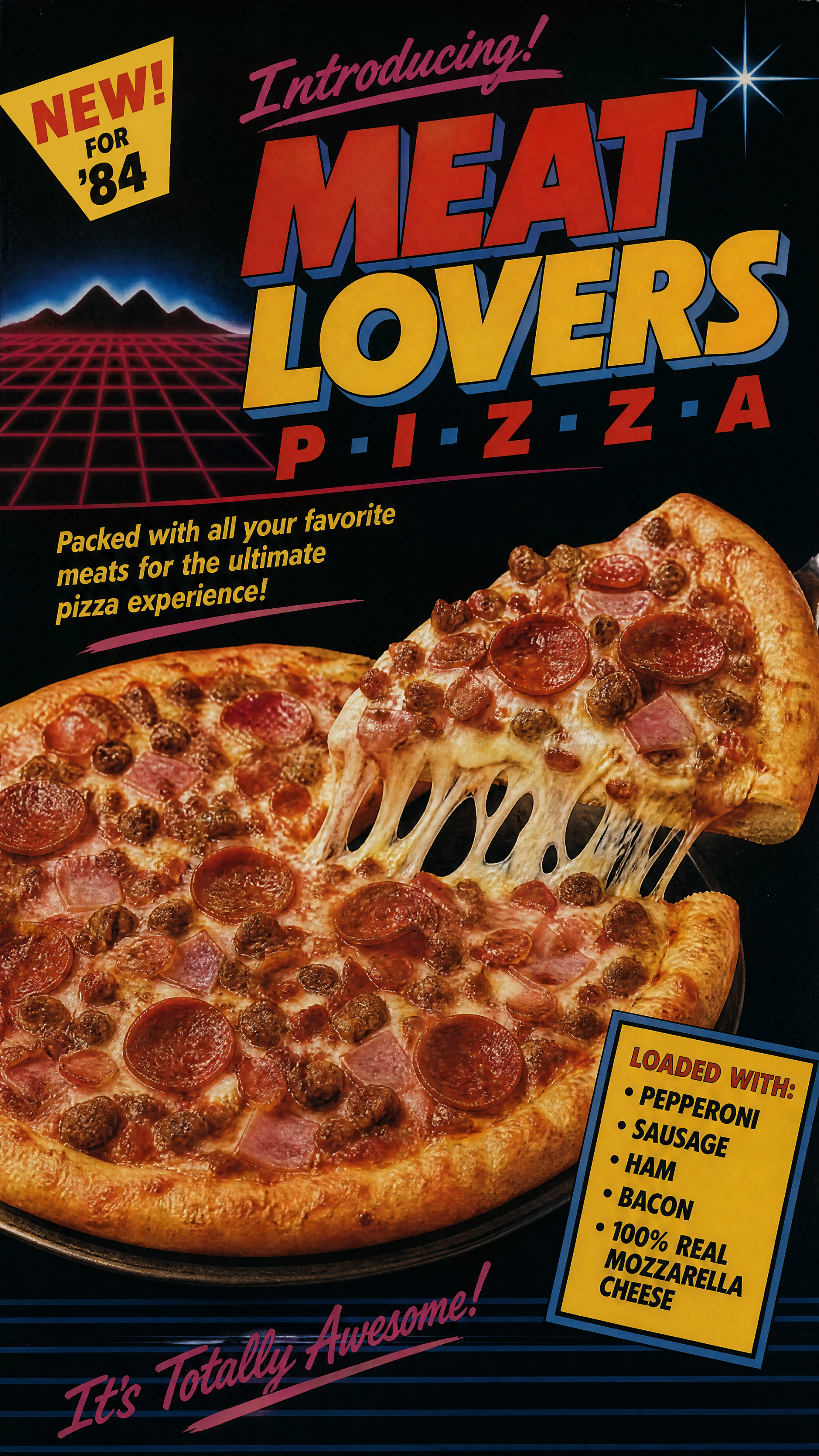 iPhone wallpaper: retro Meat Lovers Pizza ad featuring a pepperoni-loaded pizza with a dramatic cheese pull, bold vintage typography and neon grid background.