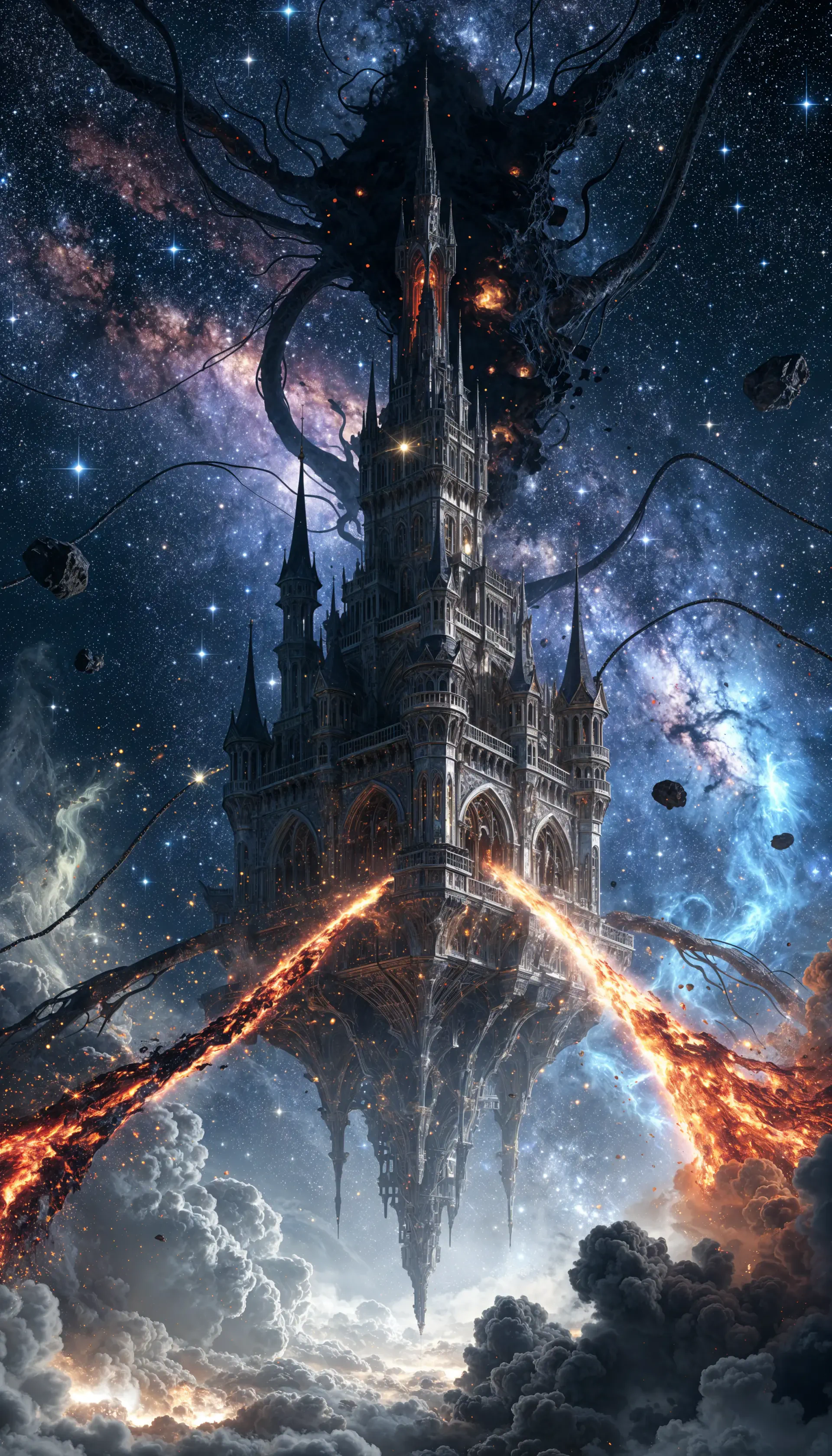Vertical phone wallpaper of a gothic flying castle tower drifting in space, spires and tendrils trailing molten streams above clouds and stars.