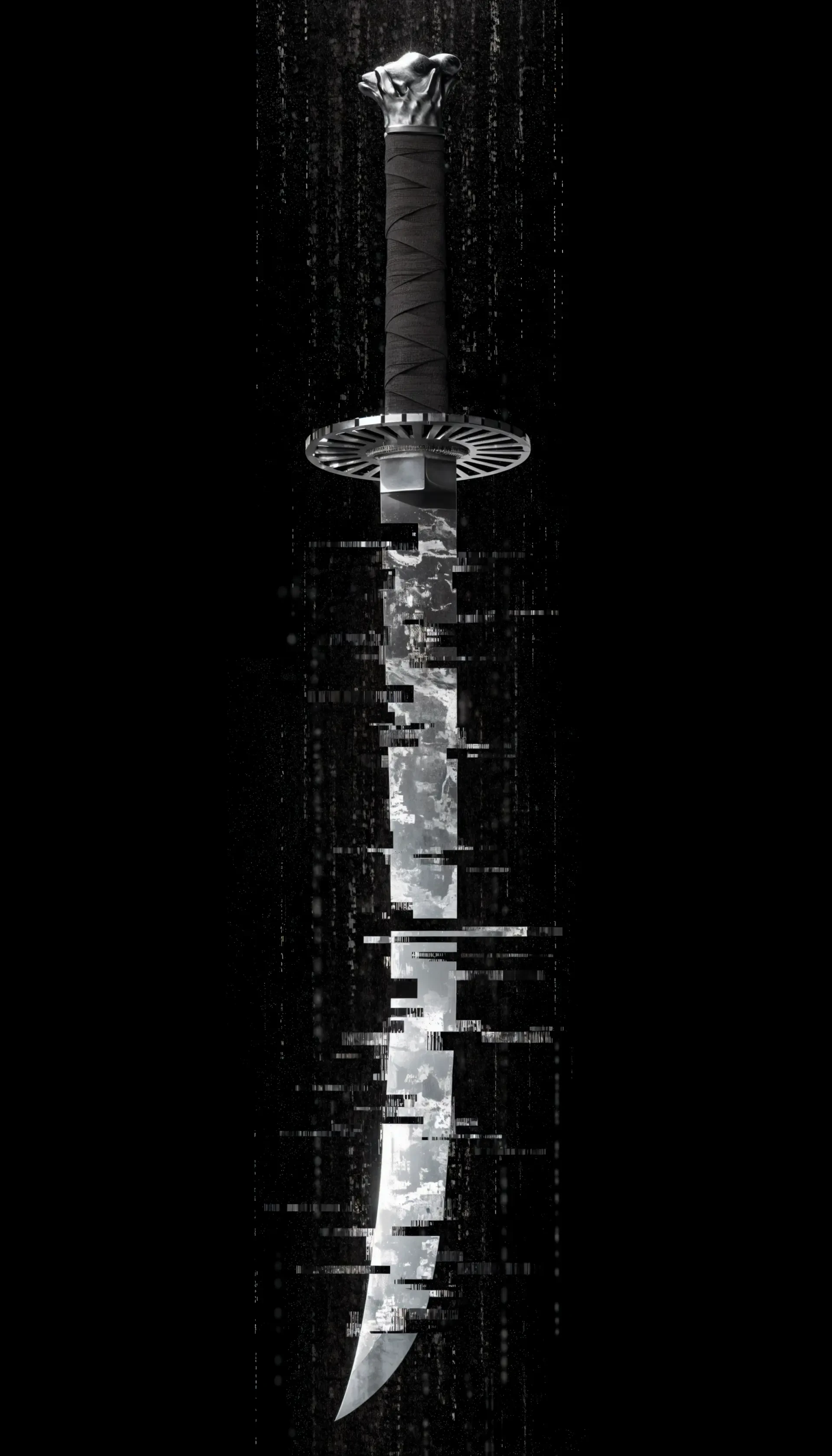 Vertical samurai sword/knife with wrapped hilt and tsuba, fractured digital glitch effects on a black background — stylized iPhone wallpaper.
