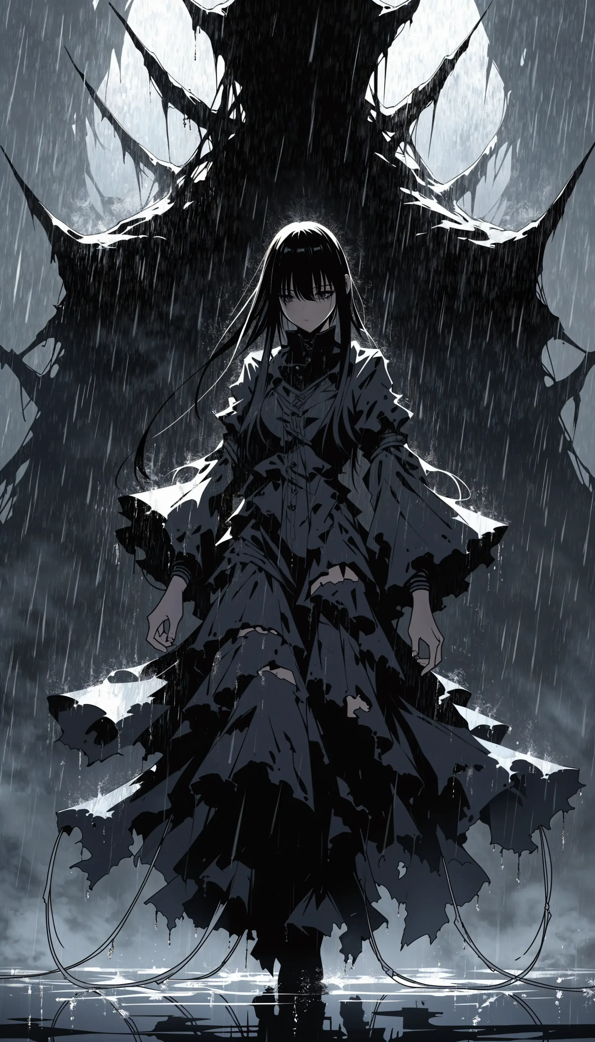 Aesthetic anime iPhone wallpaper showing a dark-haired girl in a tattered dress standing in pouring rain, a towering shadowy figure looming behind her.