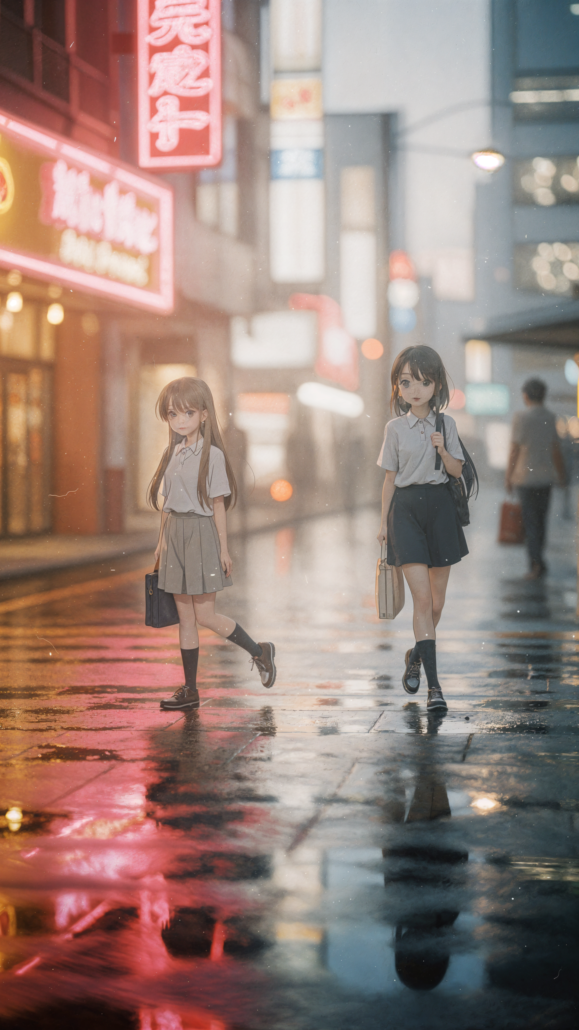 Aesthetic anime iPhone wallpaper: two schoolgirls walk down a rain-soaked neon city street, soft lights and reflections shimmering on the wet pavement.