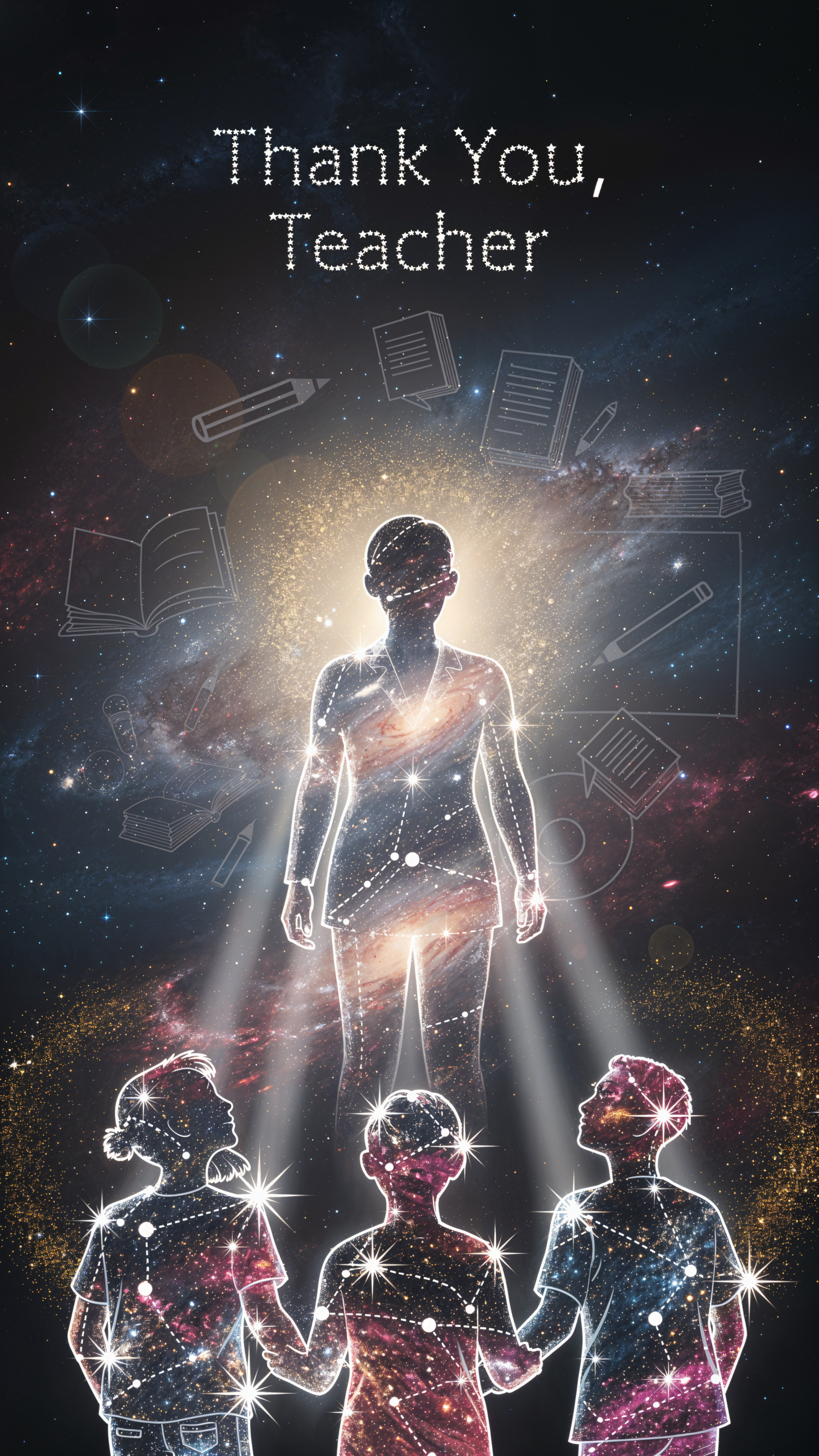 iPhone wallpaper: glowing teacher silhouette in cosmic light with three students holding hands below, school doodles and Thank You, Teacher text — teacher appreciation, education.