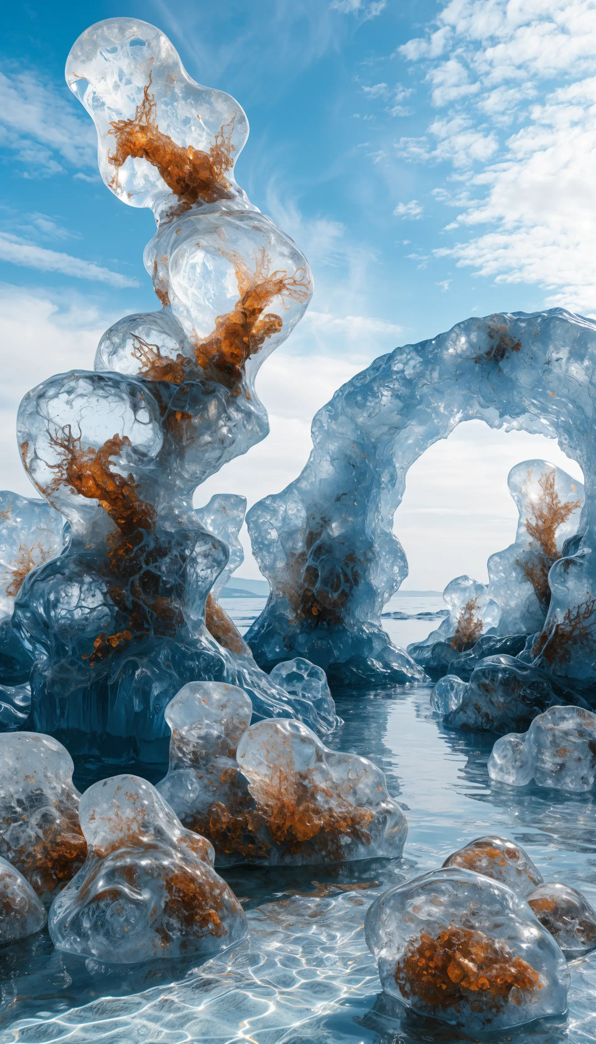 iPhone wallpaper showing translucent glacier ice formations and arches rising from a calm ocean, crystalline bubble-like structures with amber interiors under a bright blue sky.