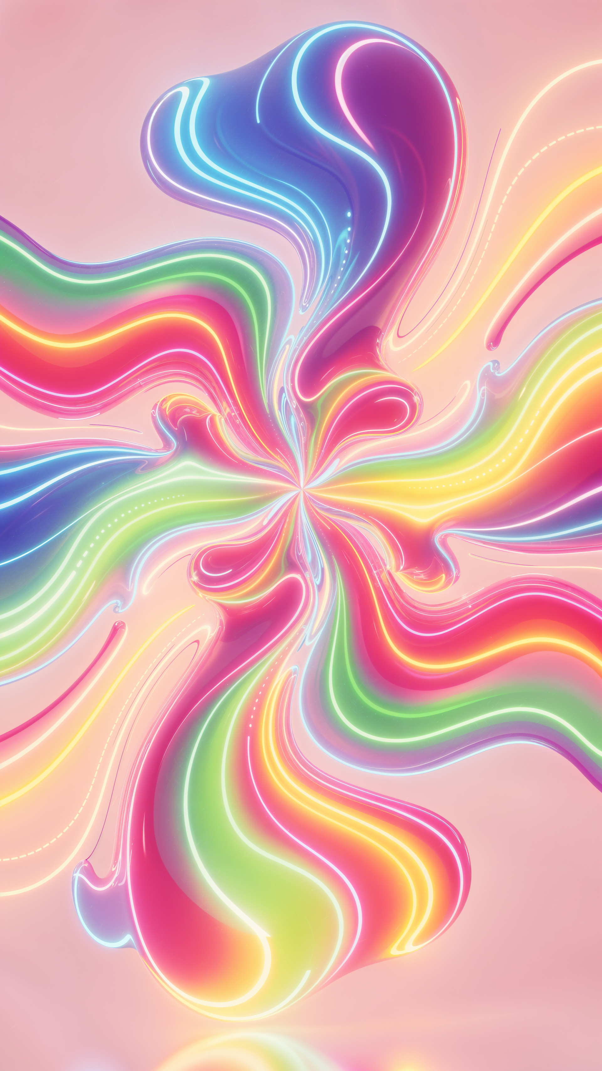 Abstract neon rainbow swirls spiral from the center on a soft pink backdrop — glossy, luminescent ribbon-like waves forming a vibrant iPhone wallpaper.
