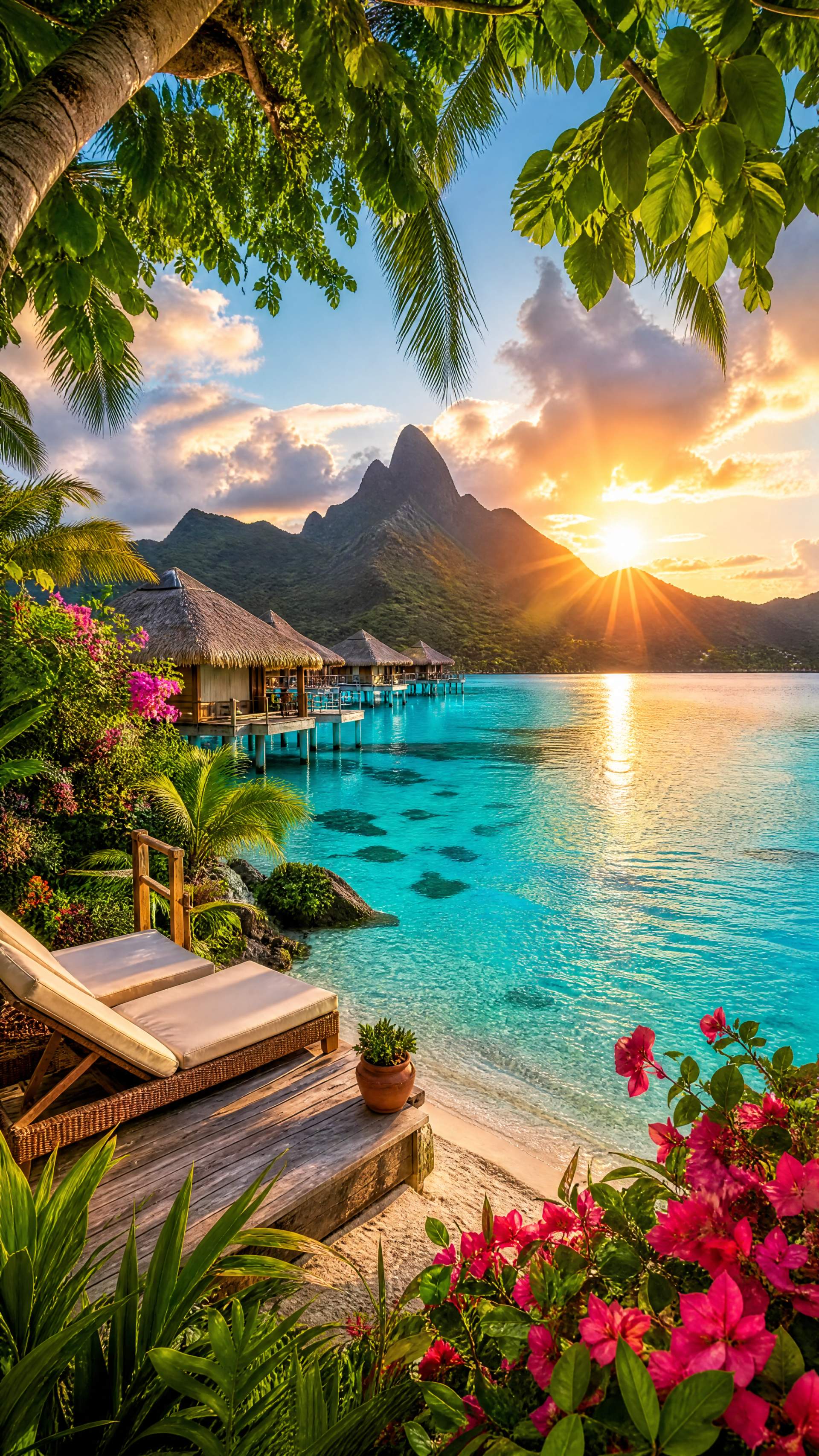 iPhone wallpaper of a tropical paradise beach resort at sunrise: overwater bungalows, turquoise lagoon, swaying palms and vibrant flowering plants.