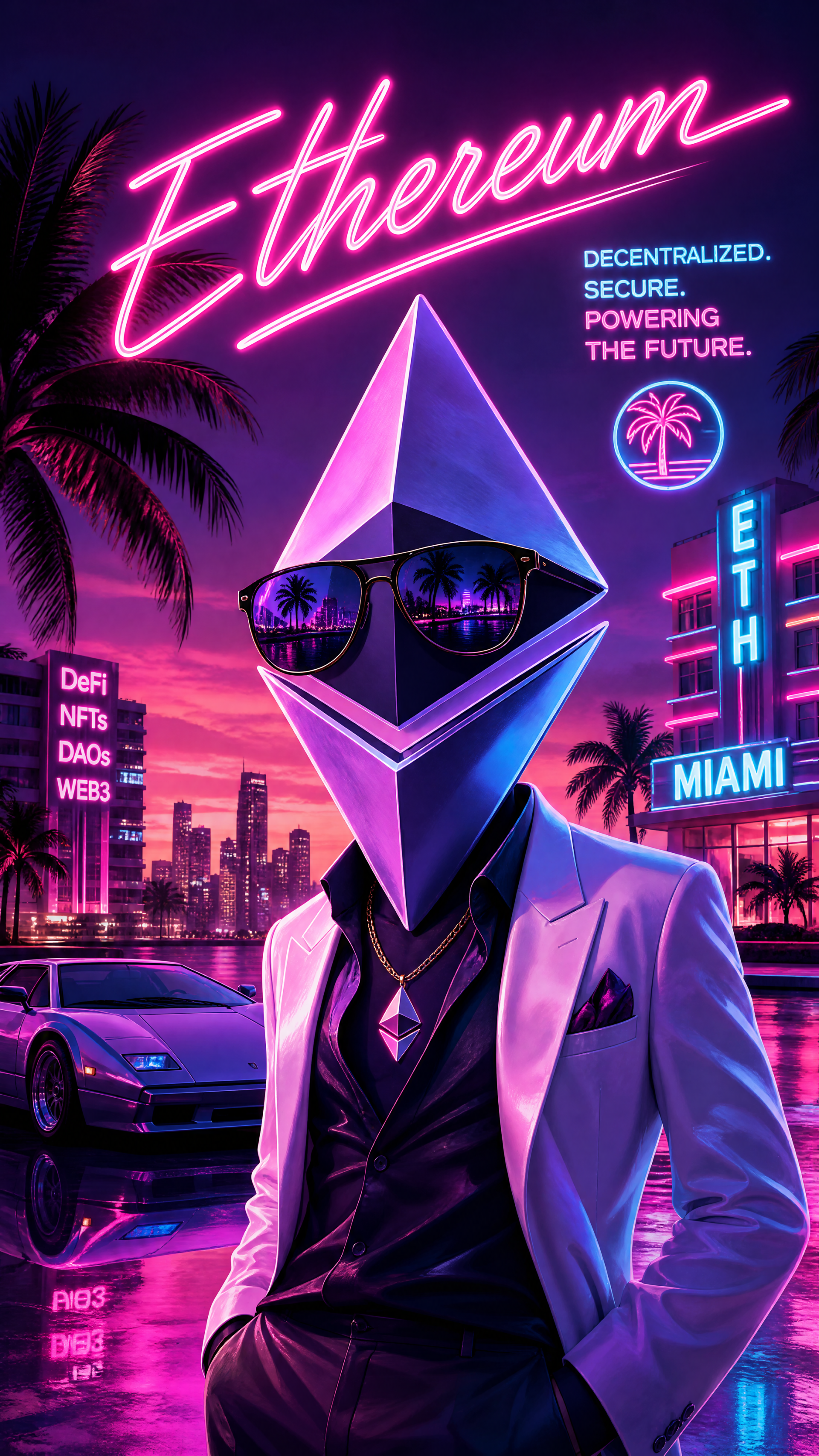 Neon Miami phone wallpaper of an Ethereum crystal‑head in a suit and sunglasses, retro car and skyline, glowing Ethereum signage and cryptocurrency motifs.