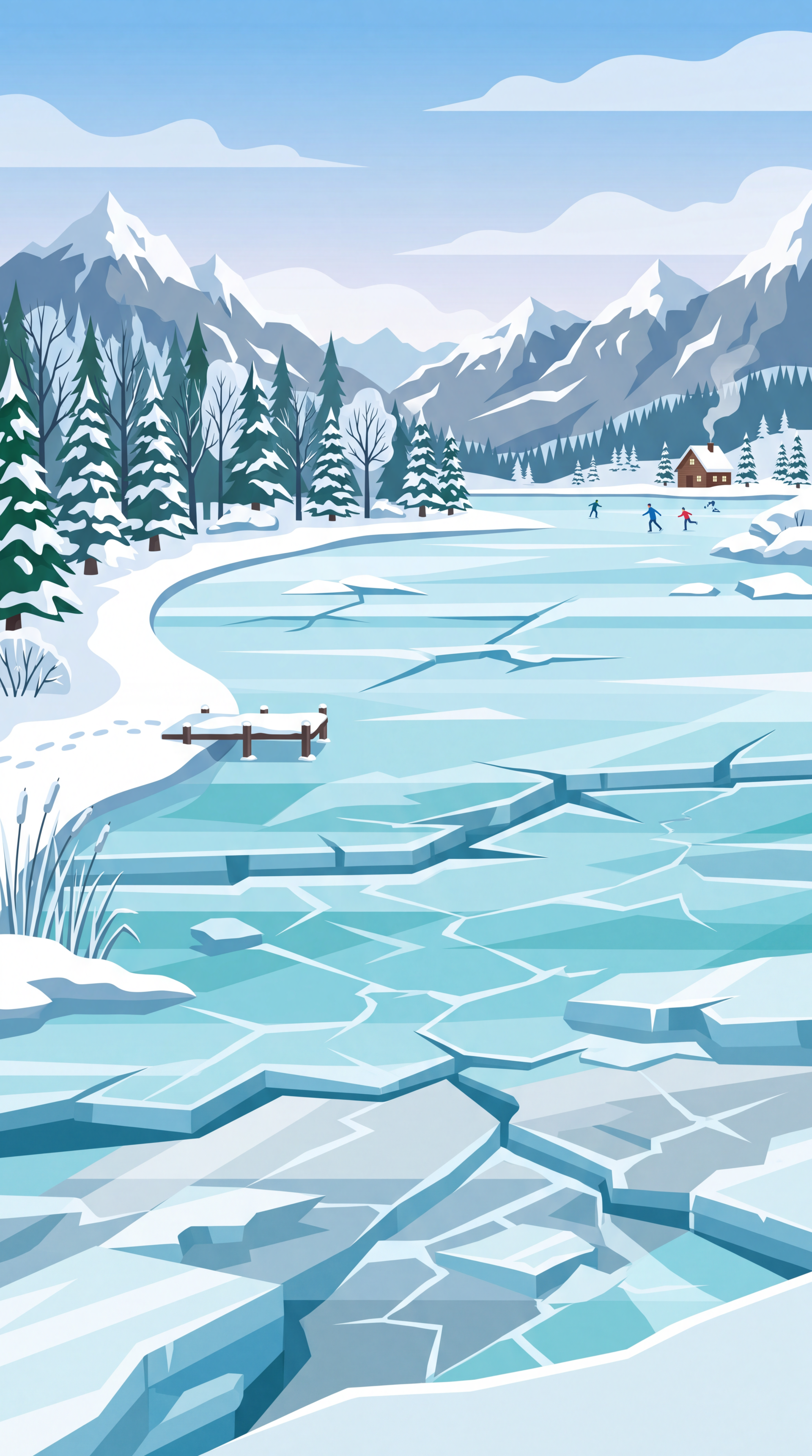 Phone wallpaper showing a winter frozen lake with cracked ice, snow-dusted pines, distant mountains, a small dock, cabin and skaters.