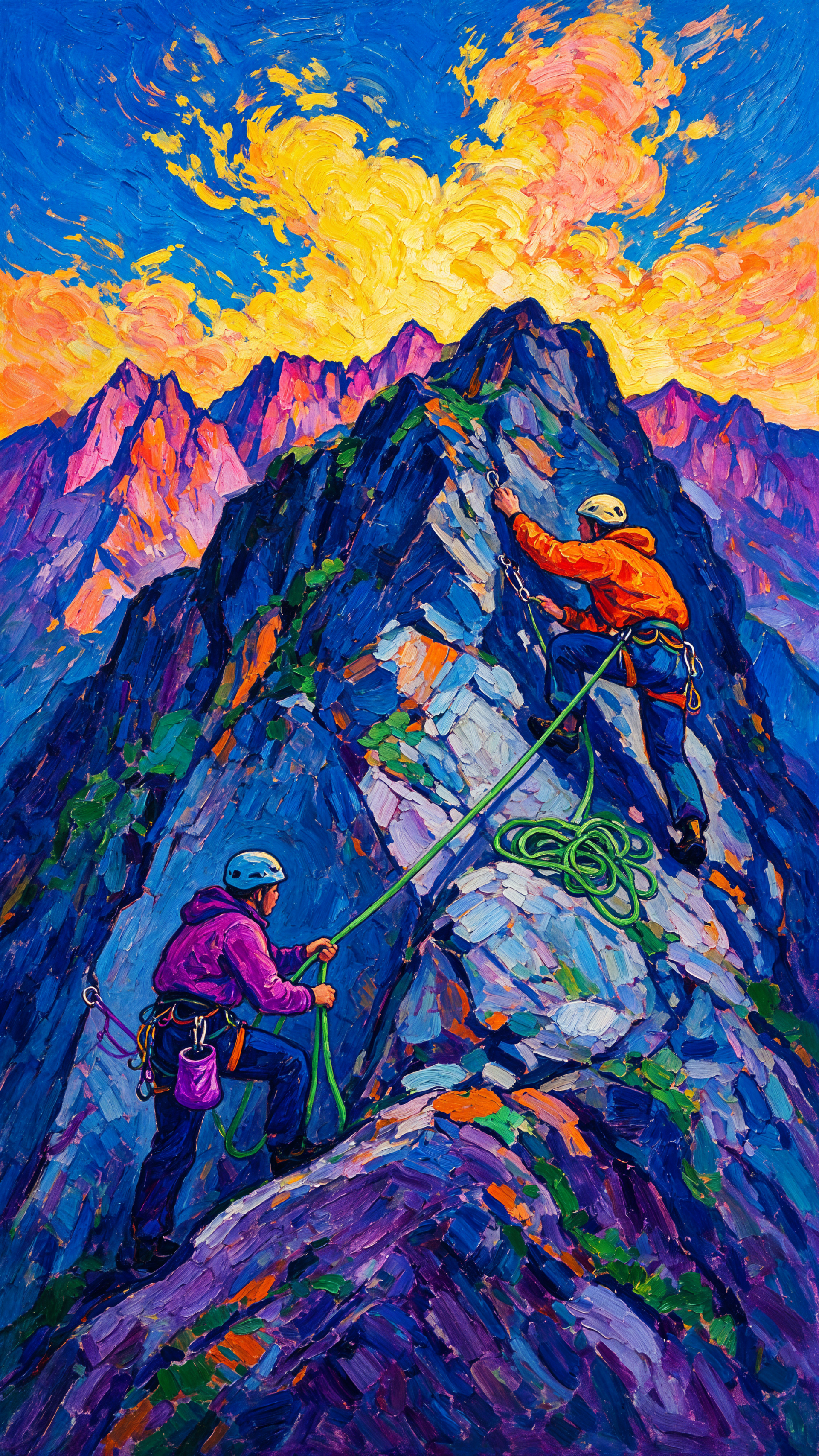 Vibrant iPhone wallpaper of two climbers roped on a jagged mountain ridge, mountain climbing toward a rocky peak beneath a blazing sunset sky.