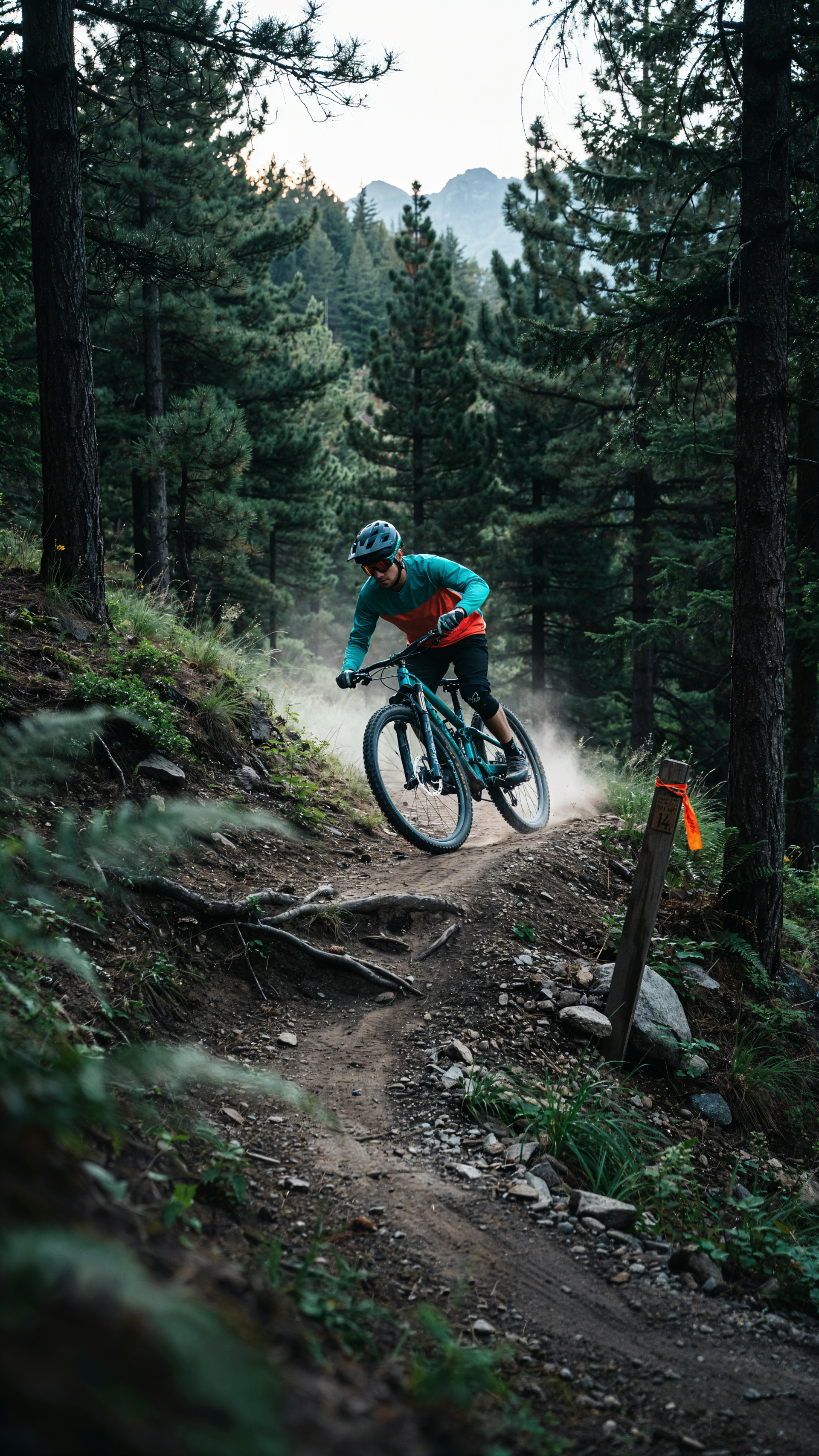 iPhone wallpaper of mountain biking: a mountain biker on a mountain bike carving a dusty forest trail beneath tall pines