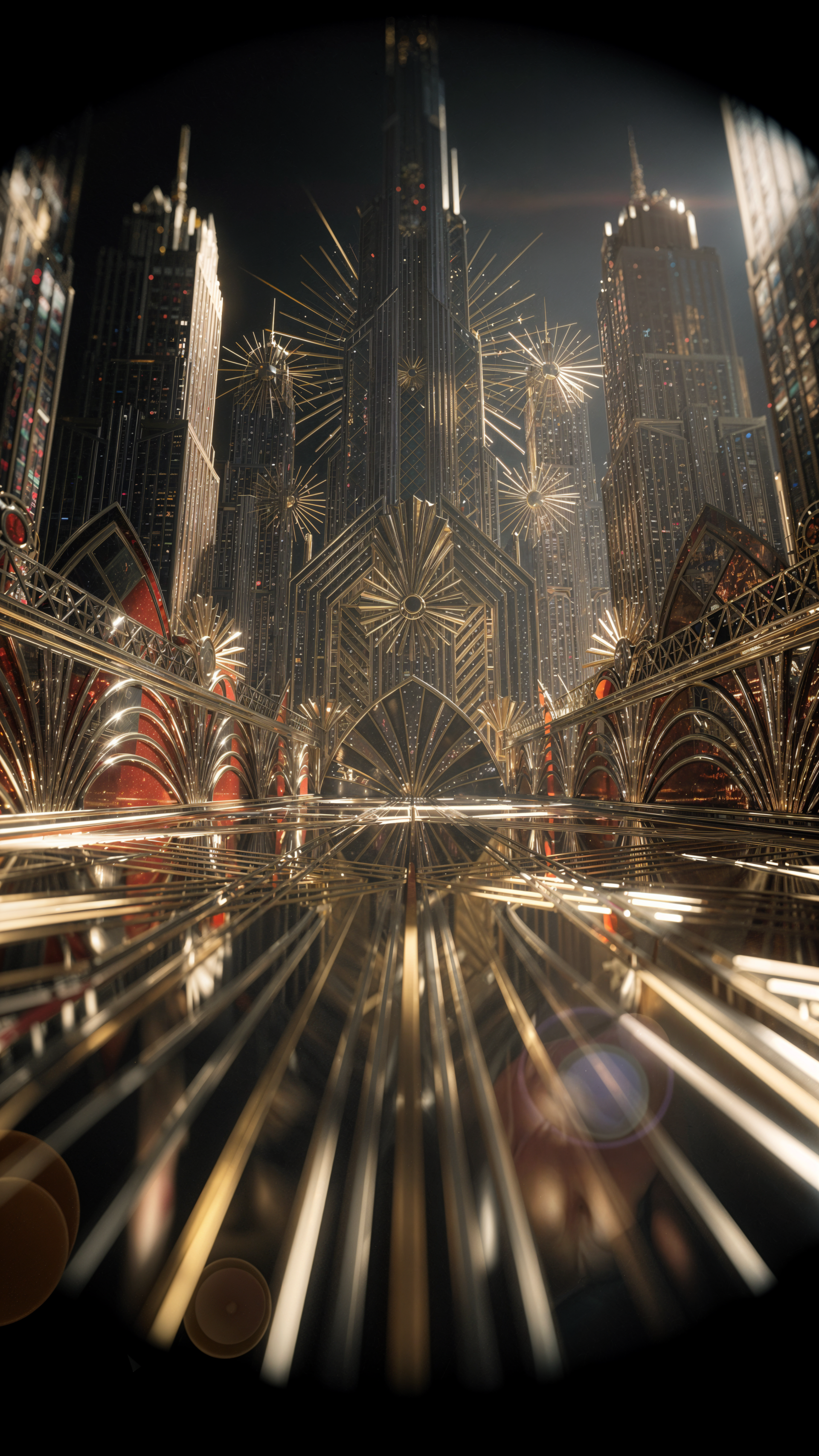 Art deco night cityscape of towering skyscrapers and golden fireworks, ornate geometric facades and mirrored reflections — vertical iPhone wallpaper.