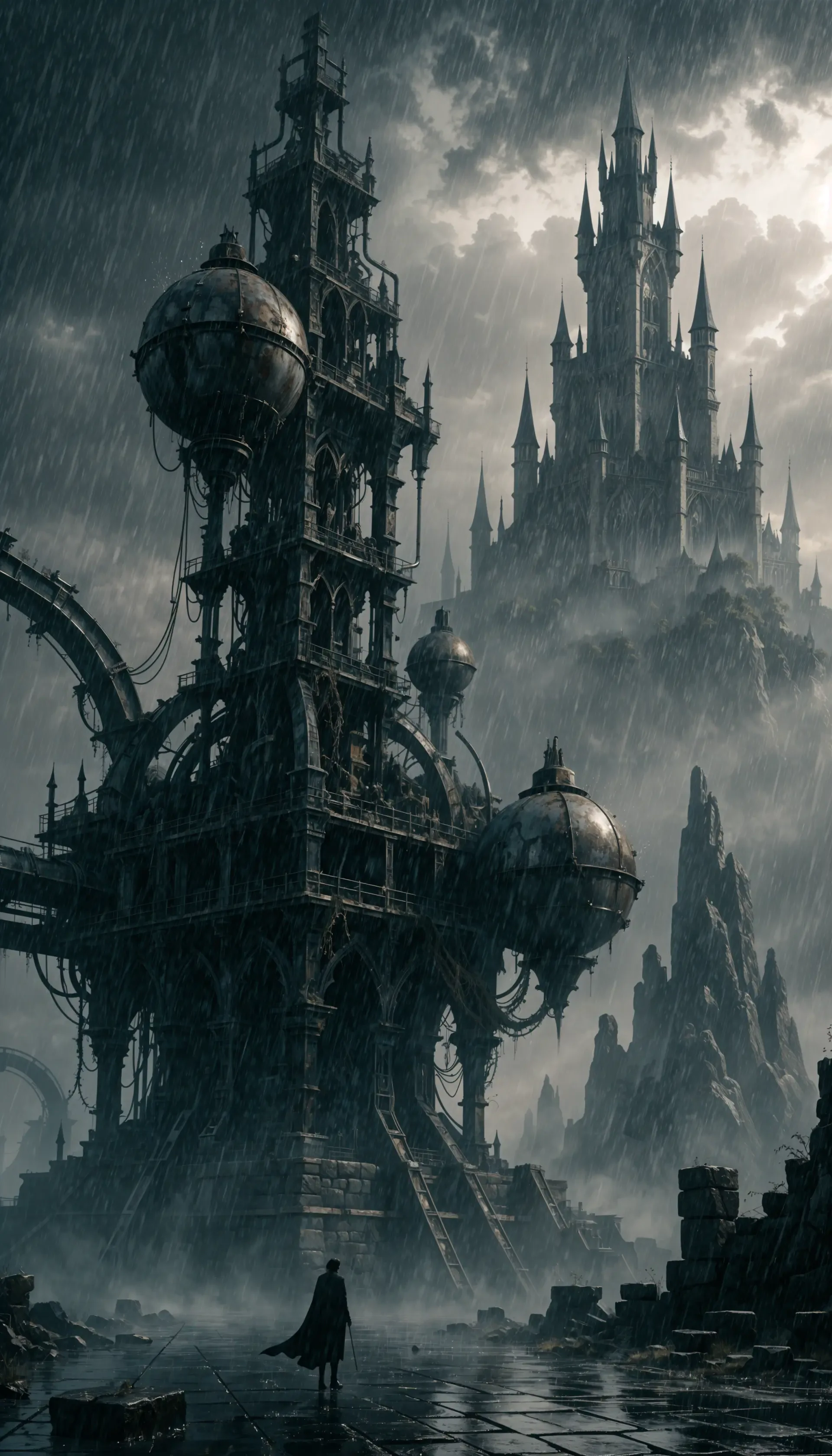 Gothic fortress and spired castle loom through rain and mist, mechanical towers and a lone cloaked figure in the wet foreground — dark iPhone wallpaper.
