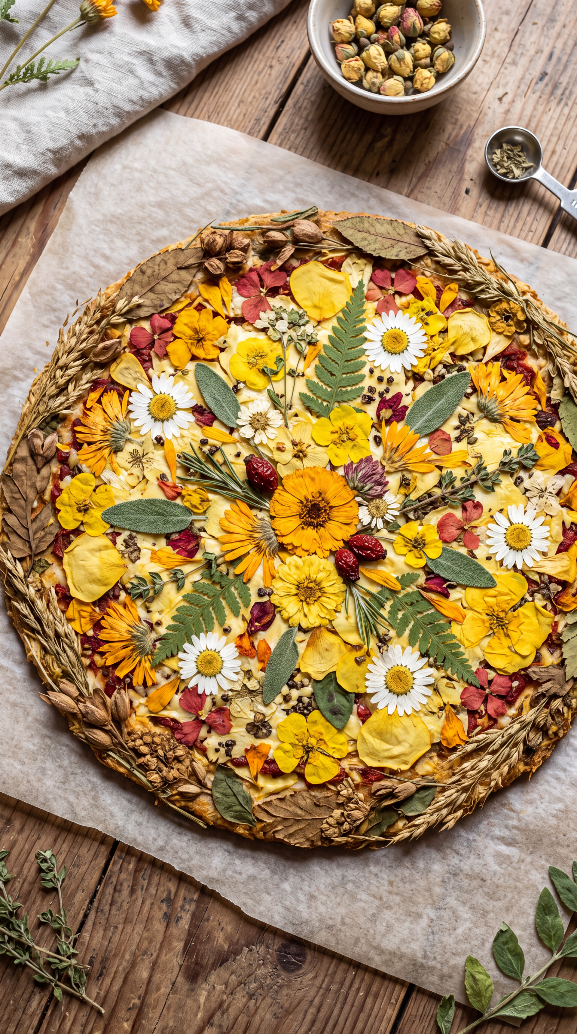 iPhone wallpaper of a floral pizza topped with yellow and white edible flowers, herbs and seeds arranged in a rustic wreath on parchment over a wooden table.