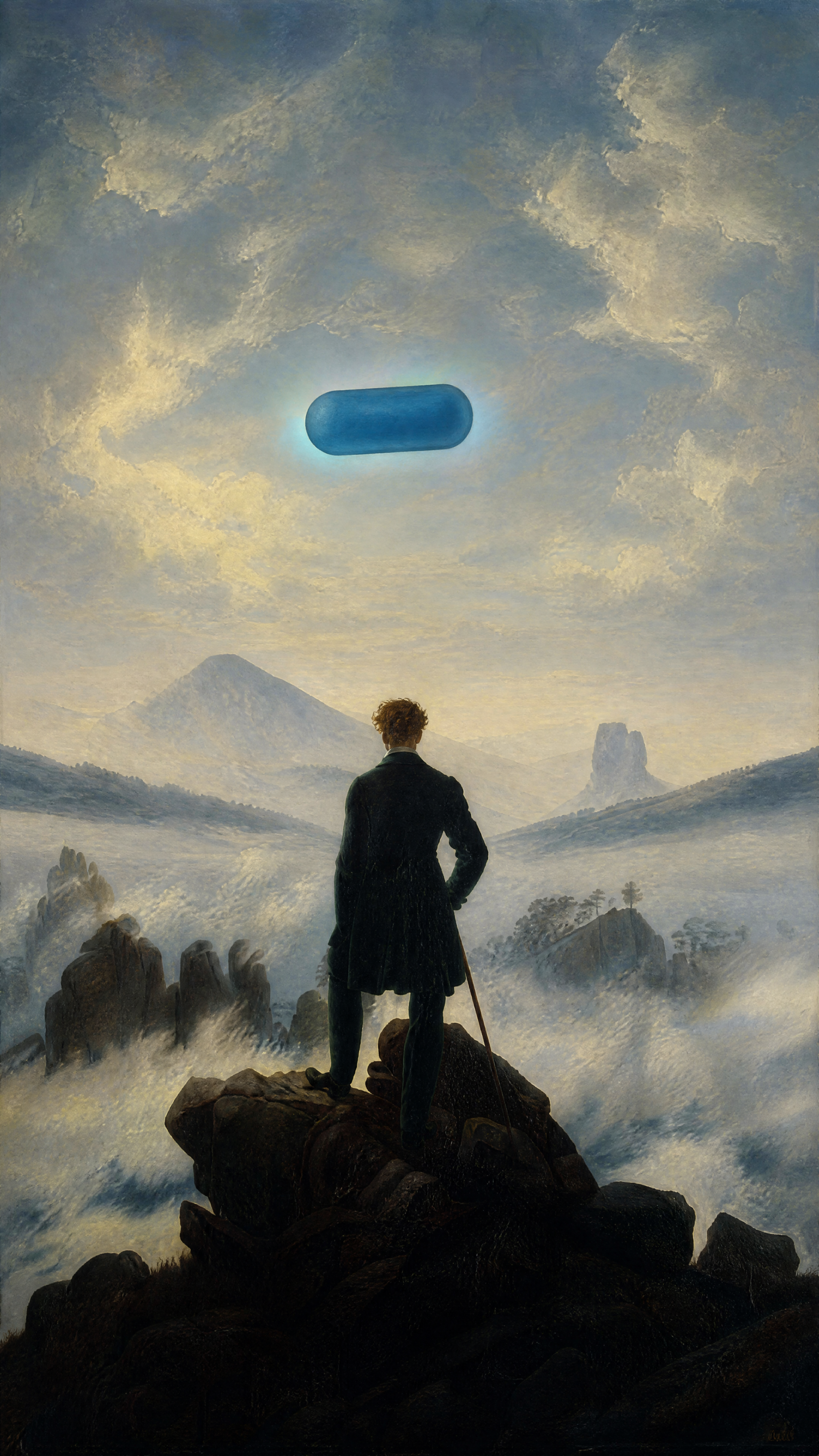 Silhouetted figure on a rocky peak gazes over misty mountains as a large blue pill floats in a dramatic cloudy sky — iPhone wallpaper.