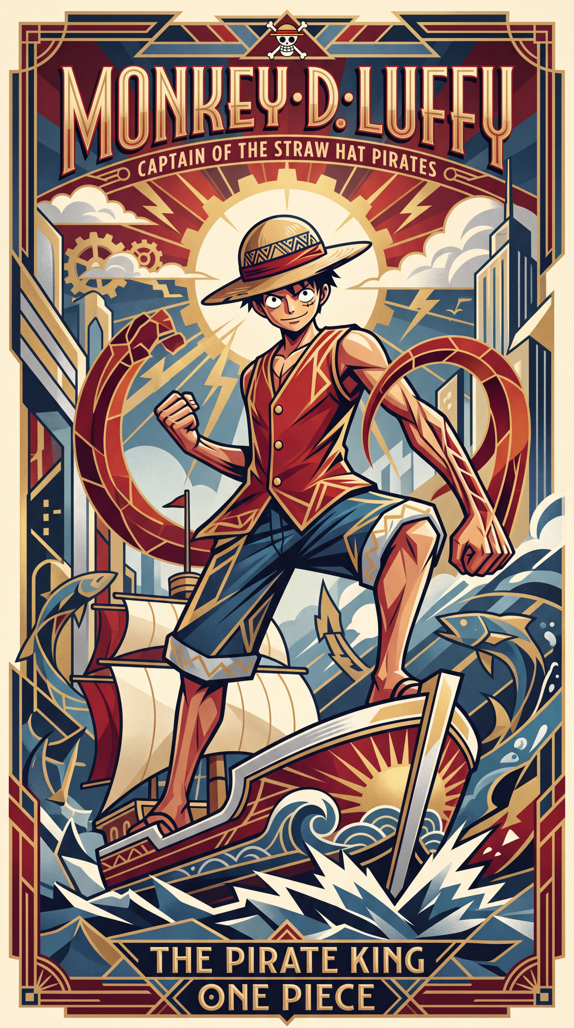 iPhone wallpaper of Monkey D. Luffy (One Piece) — anime pirate in a straw hat striking a heroic pose on a ship amid stylized waves and sunburst.
