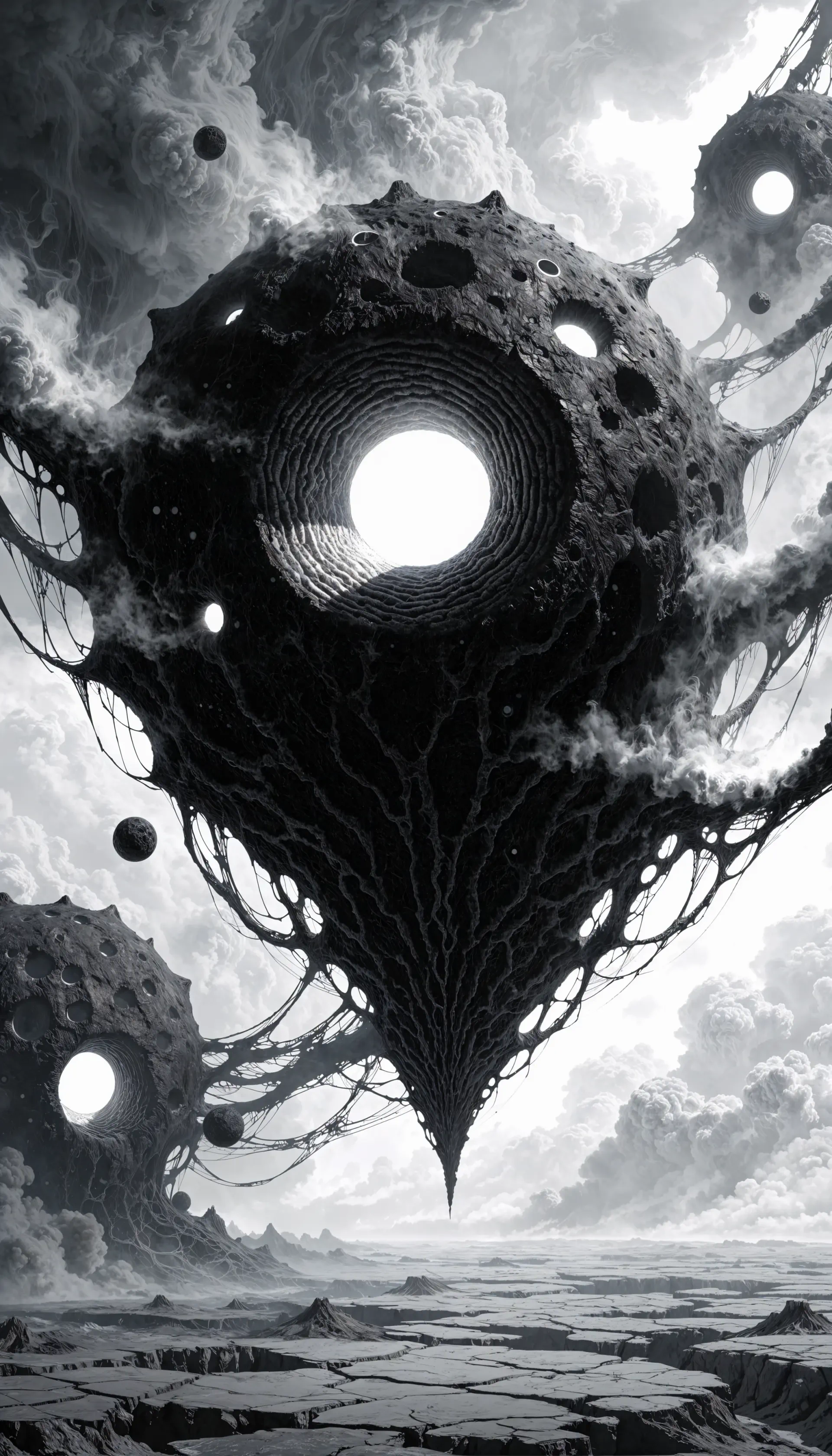 Black aesthetic abstract surreal alien space iPhone wallpaper: floating perforated cone-like celestial structure with glowing cores, tendrils, and a cracked barren landscape below.