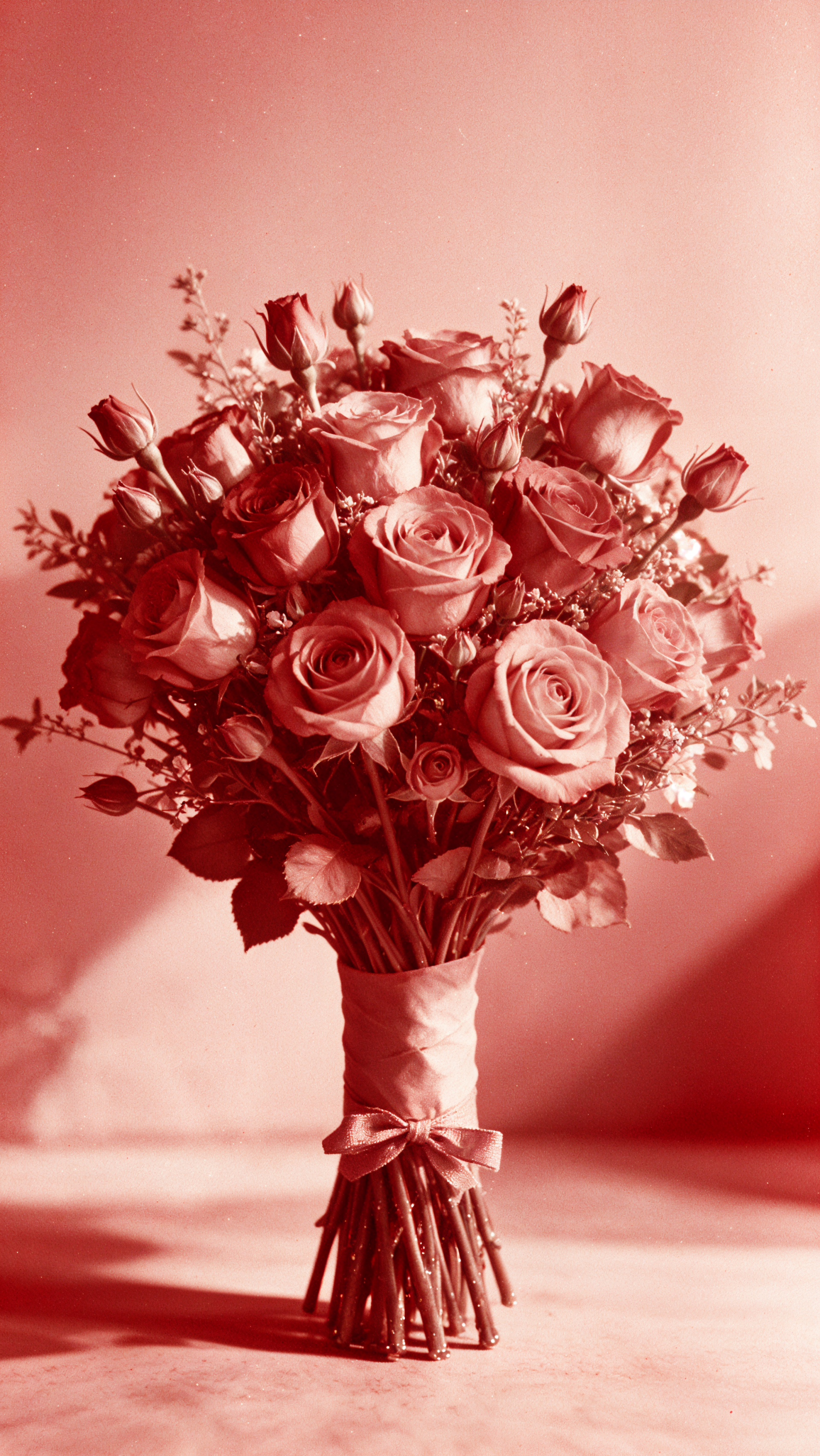 iPhone wallpaper of a rose bouquet: blooming roses and buds with tied stems and delicate filler flowers in warm red tones against a soft, blurred background.