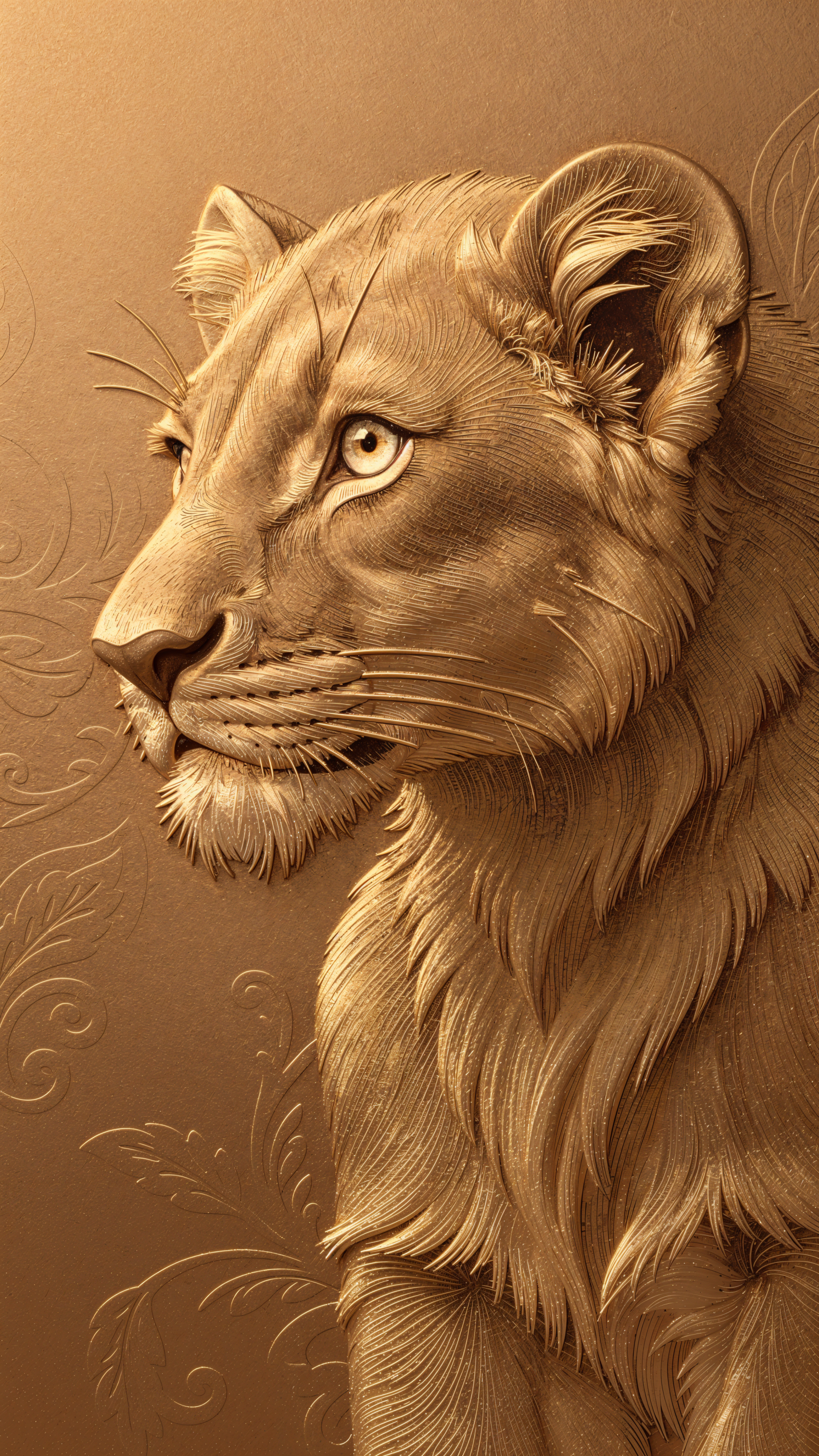 Embossed golden portrait of a lion cub (lion, animal) as an iPhone wallpaper, gazing thoughtfully to the left.