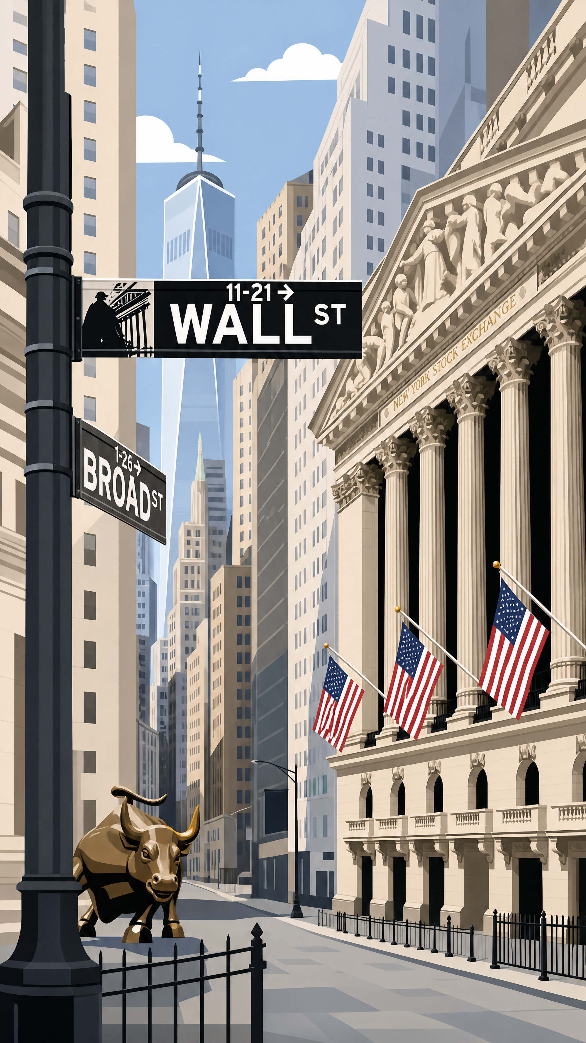 Vertical phone wallpaper of Wall Street, New York City: Wall St and Broad St signs, the Charging Bull by the NYSE stock exchange facade with American flags and skyscrapers.