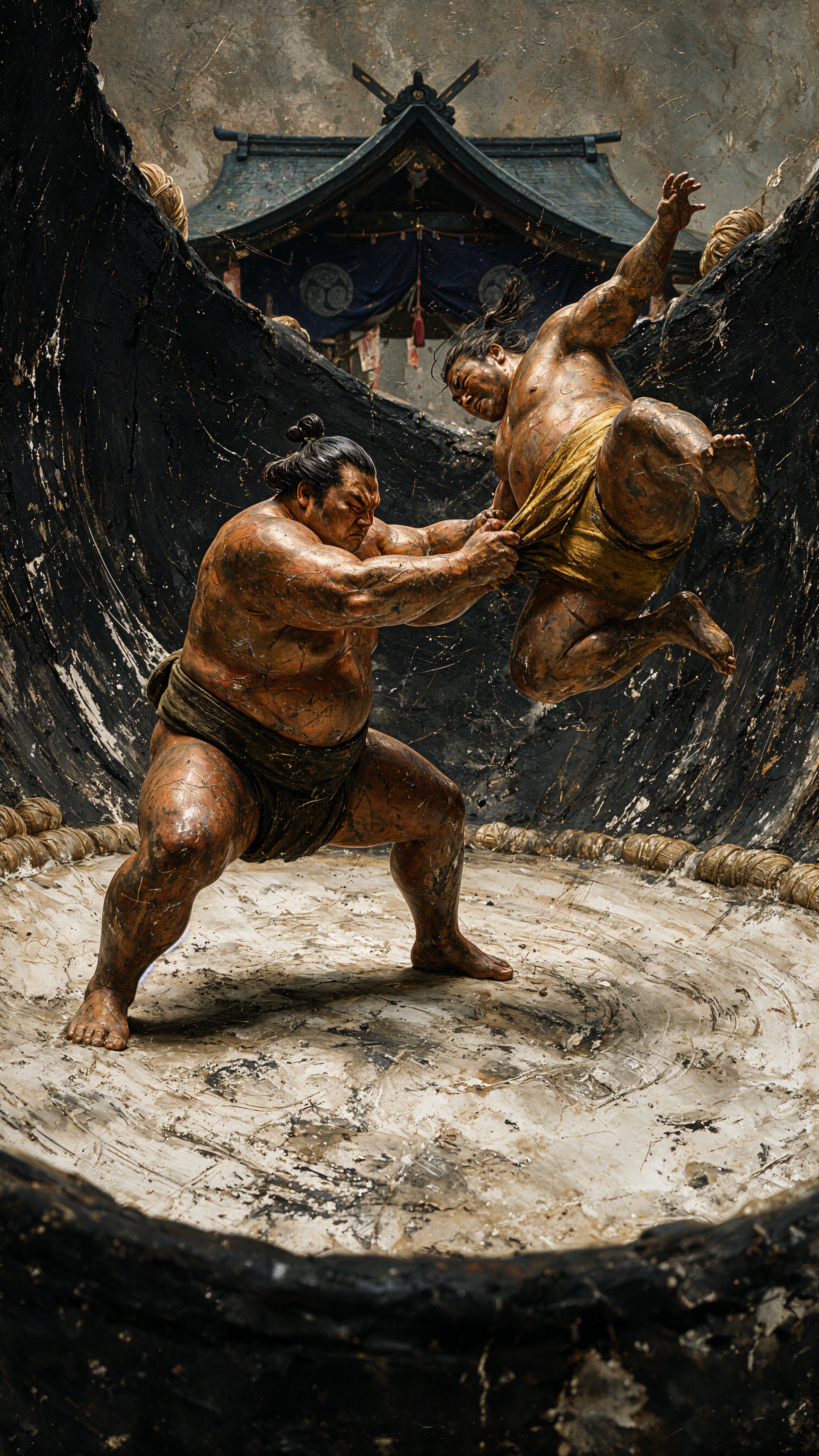 iPhone wallpaper of two sumo wrestlers mid-bout in a weathered clay ring beneath a shrine, one hoisting the other — dynamic sumo wrestling and wrestling action.